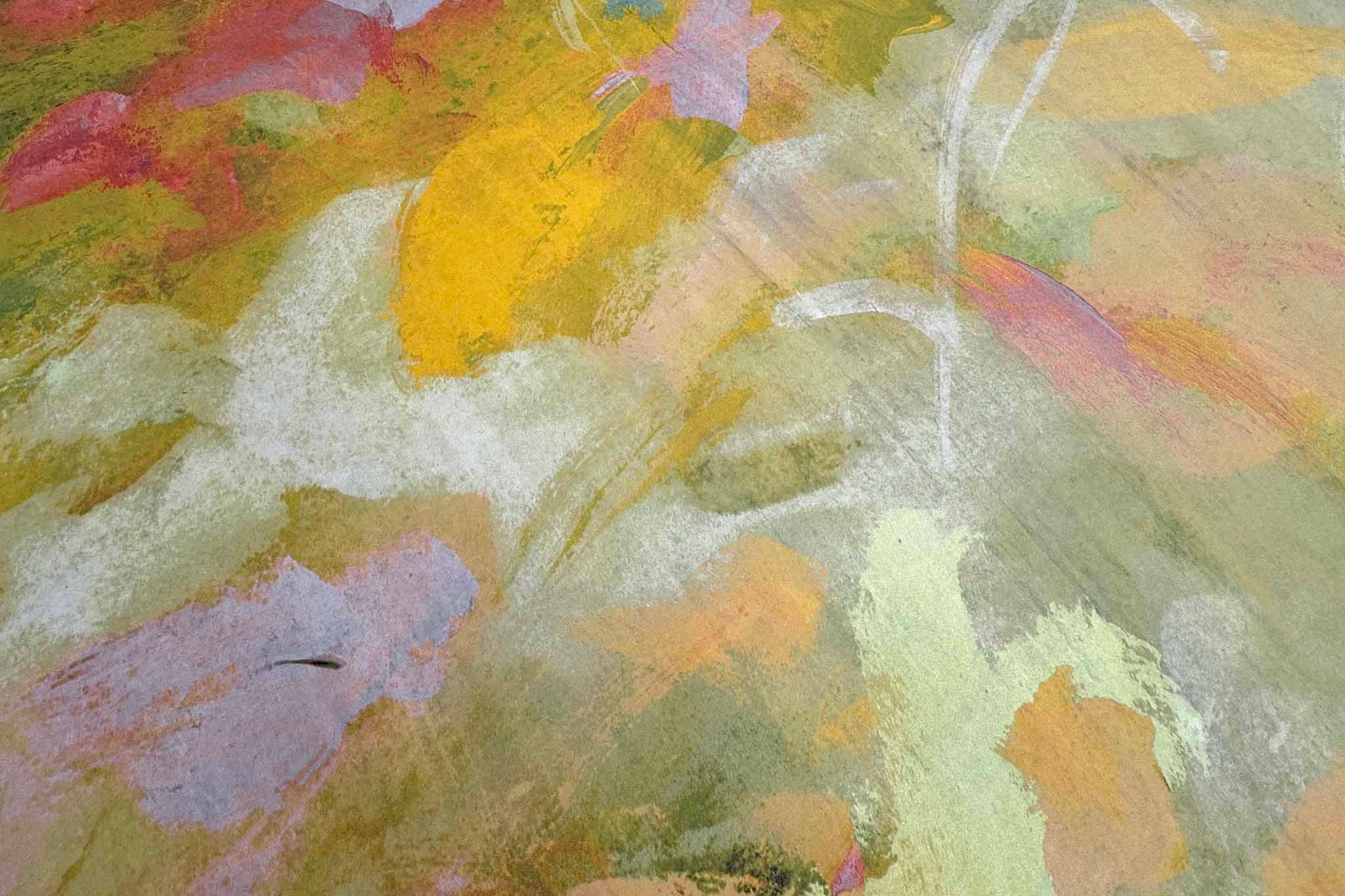 Close-up of a hand-painted abstract floral wallpaper mural featuring honeyed golds, soft pinks, and lush greens.