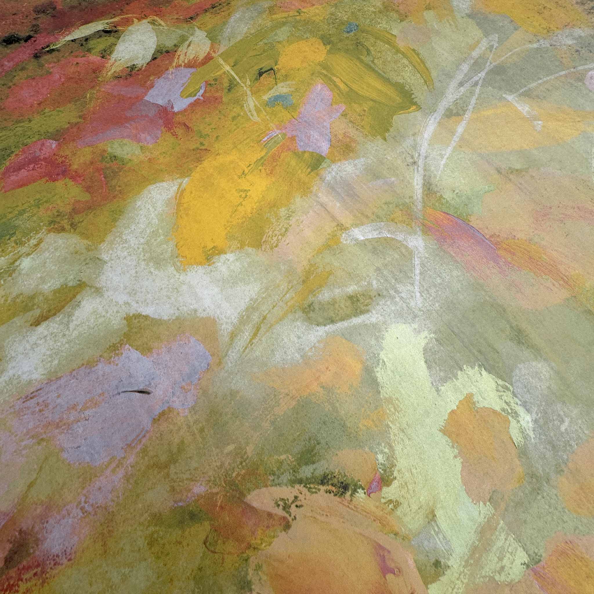 Close-up of a hand-painted abstract floral wallpaper mural featuring honeyed golds, soft pinks, and lush greens.