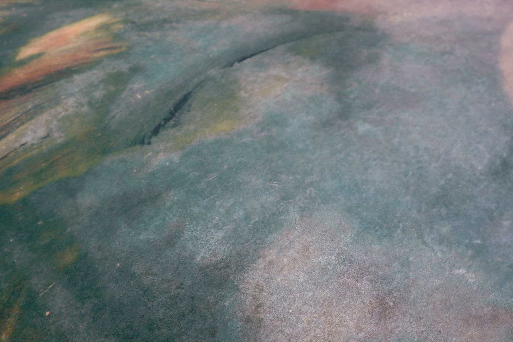 Close-up of a matte uncoated abstract wallpaper mural, featuring swirling dark greens, ember reds, and soft creams.