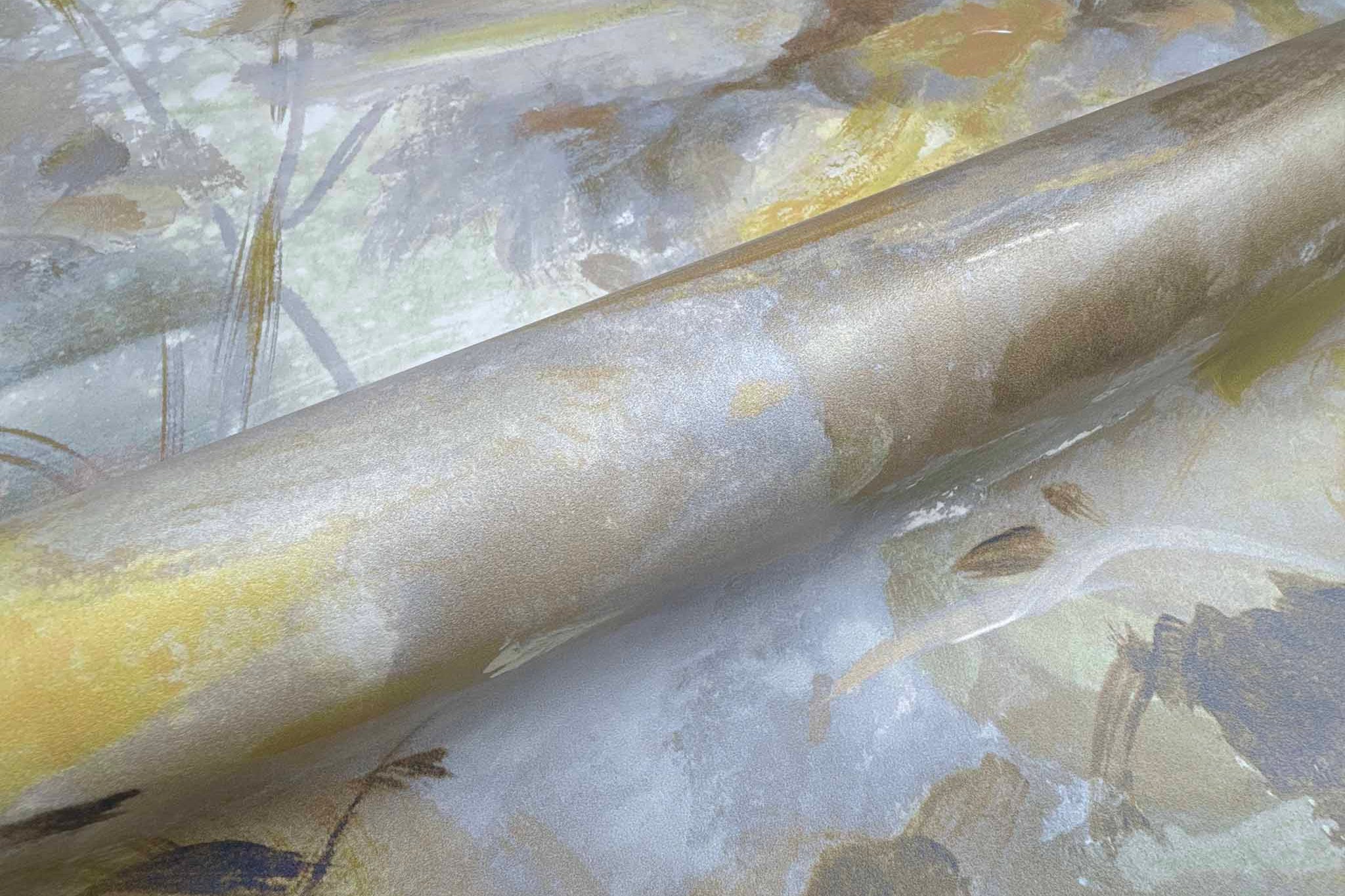 Close-up of a hand-painted panoramic wallpaper mural featuring soft opal, gold, and lavender tones on washable vinyl.