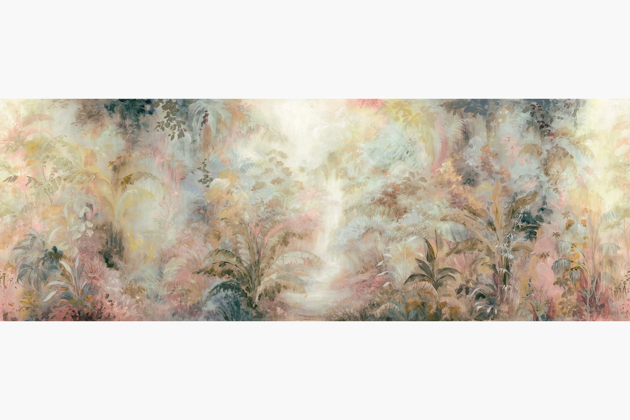 Artwork of a panoramic wallpaper mural featuring a whimsical rainforest with soft blush, butter yellow, and sky blue.