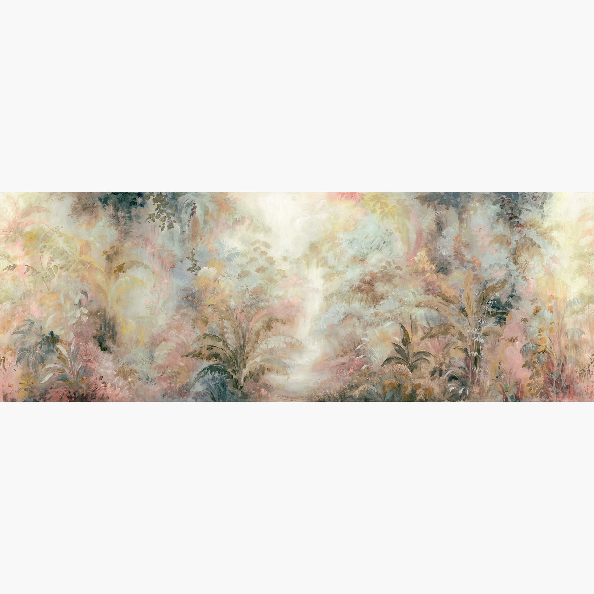 Artwork of a panoramic wallpaper mural featuring a whimsical rainforest with soft blush, butter yellow, and sky blue.