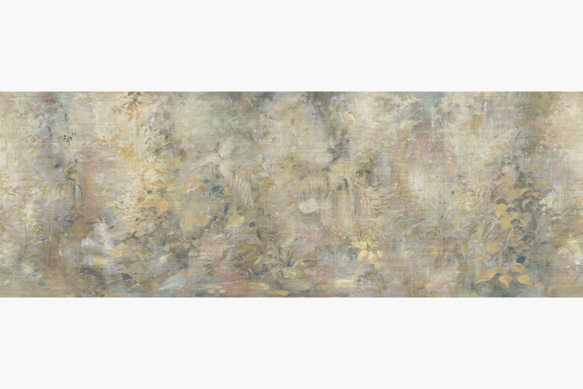 Artwork of a panoramic wallpaper mural featuring a light-filled botanical haze in pale lemon, soft cream, and whisper pink.