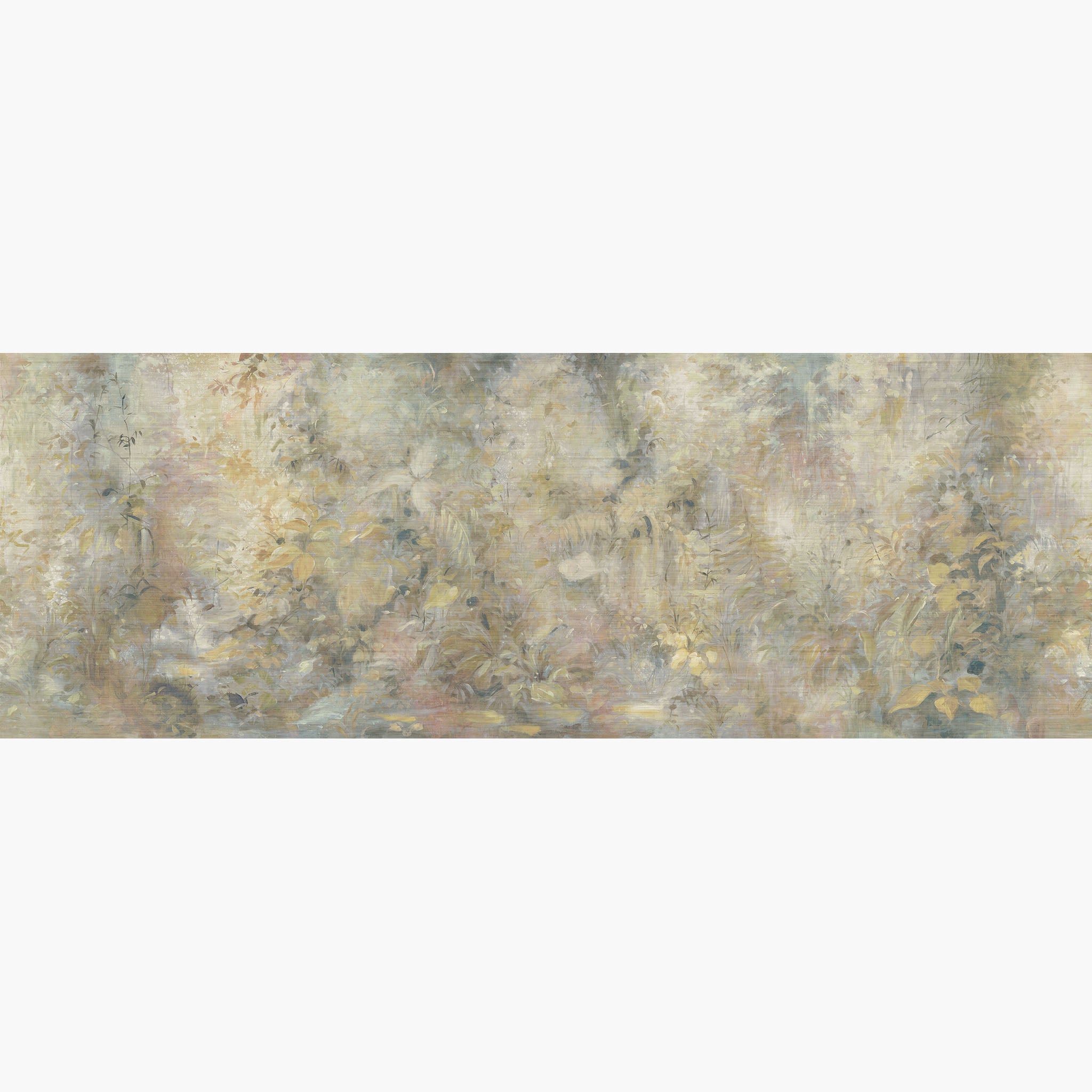 Artwork of a panoramic wallpaper mural featuring a light-filled botanical haze in pale lemon, soft cream, and whisper pink.