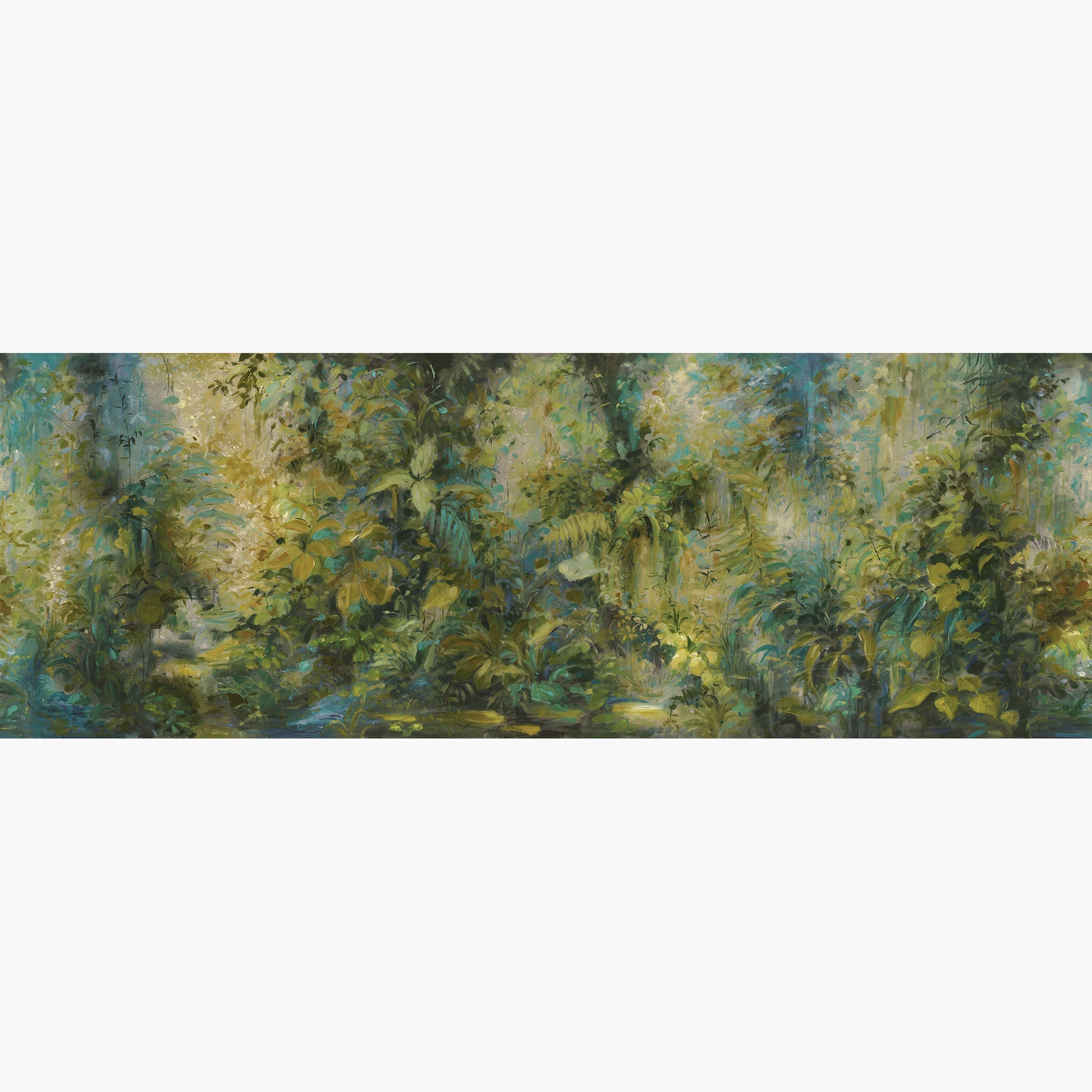 Artwork of a panoramic wallpaper mural featuring an immersive jungle abstraction in deep emerald, teal, and golden ochre