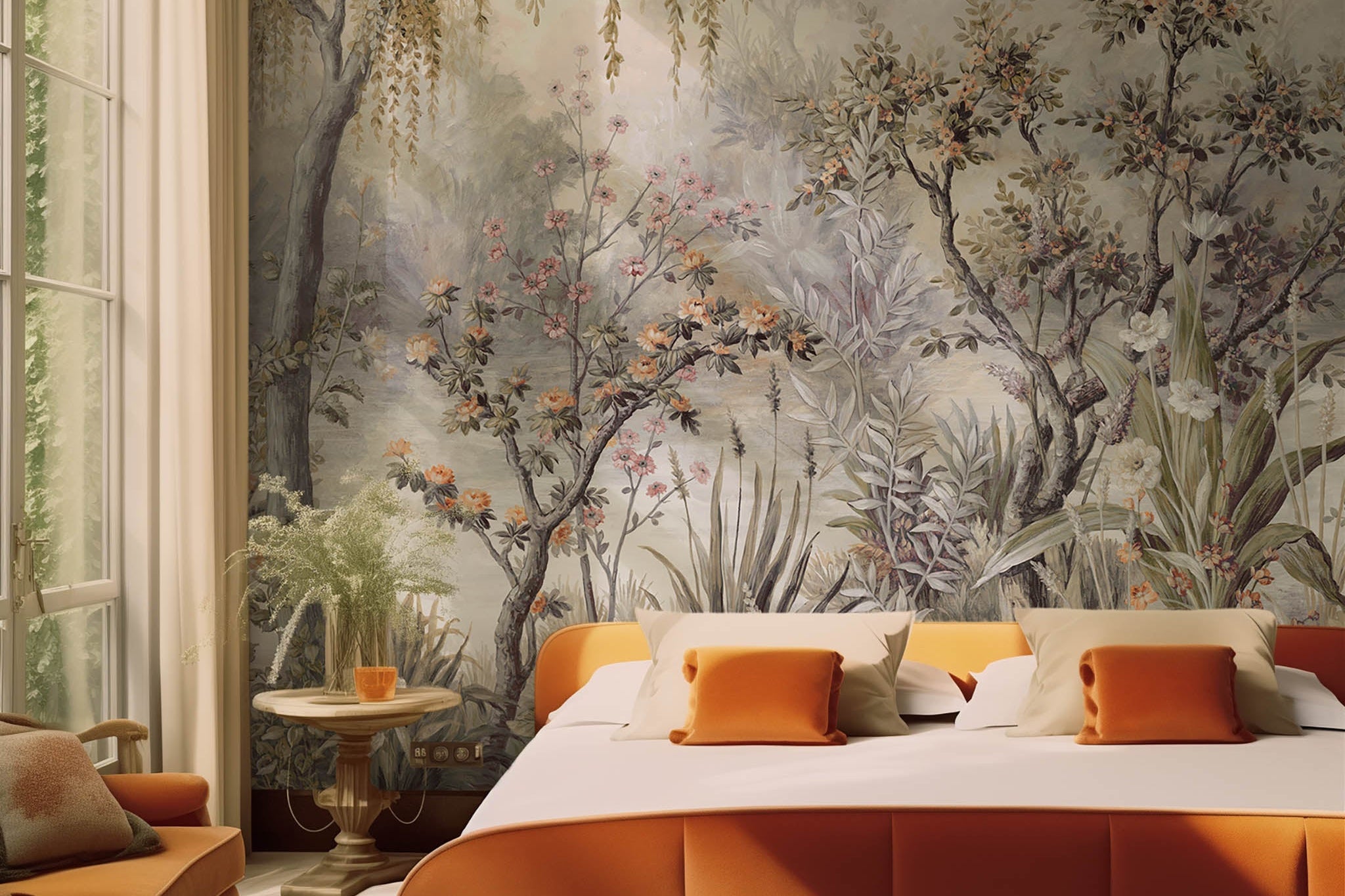 An interior bedroom featuring a panoramic matte wallpaper mural of a lakeside scene in grey and peach.