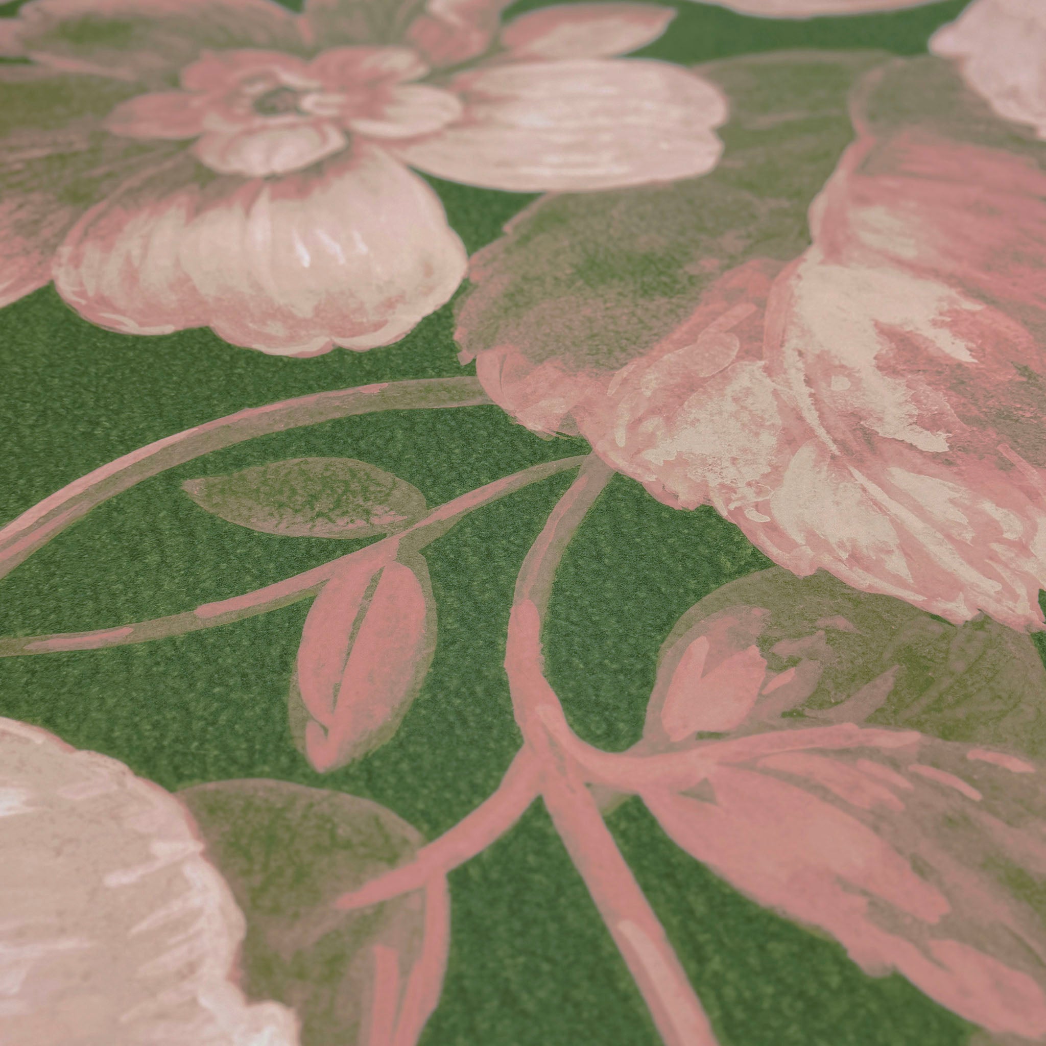 A close up view showing the detail of a matte wallpaper mural which features rosy florals on lush green