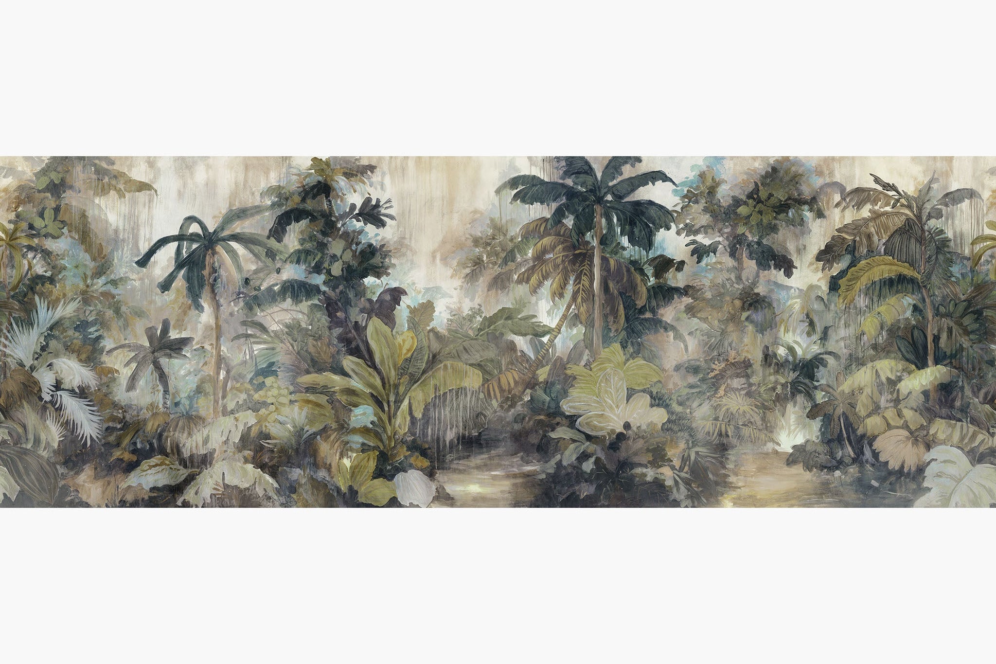 Artwork of a panoramic wallpaper mural featuring a dreamy tropical foliage in muted sage, olive, and parchment tones.