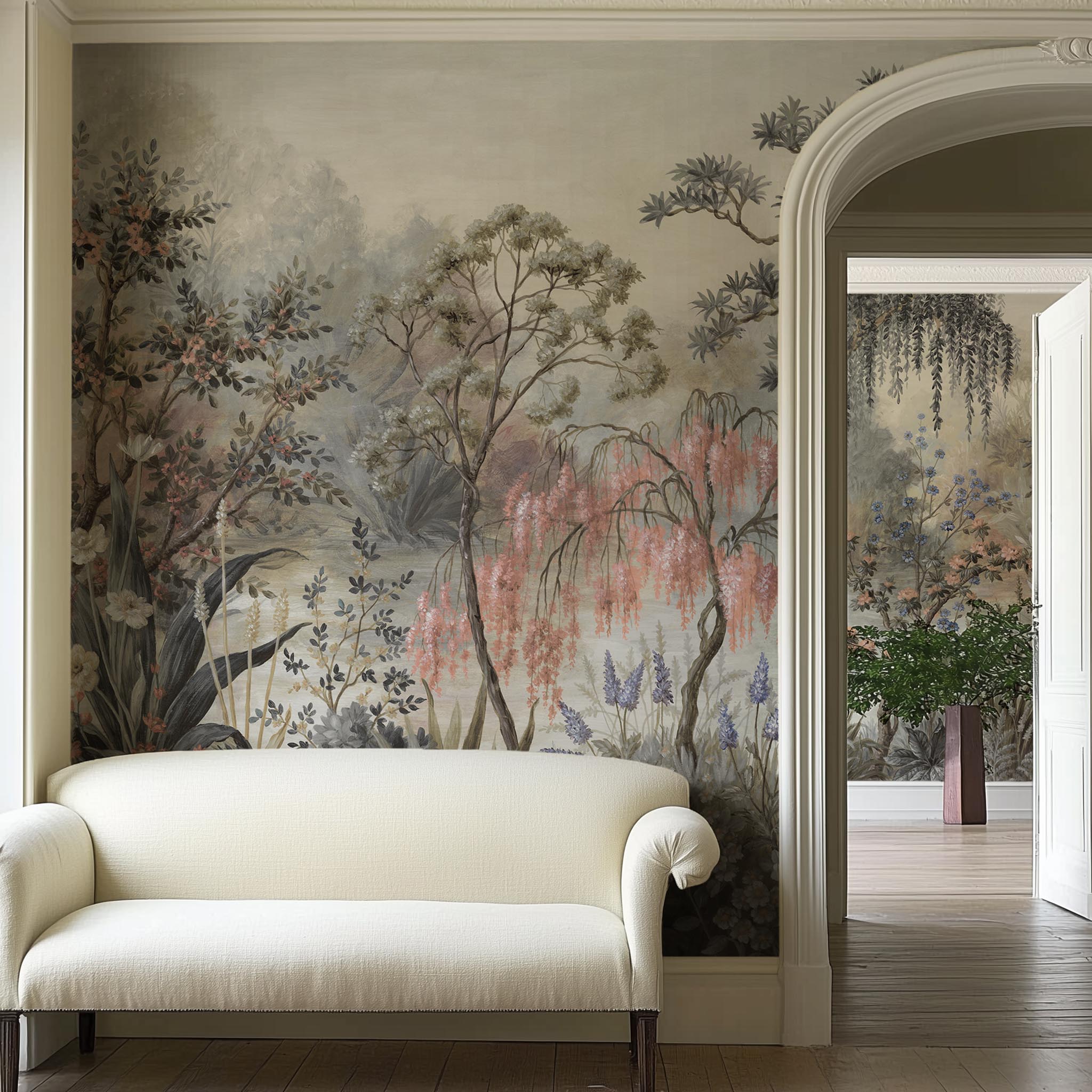 A cropped view of sitting area featuring a panoramic matte wallpaper mural of a lakeside scene in vintage tones.