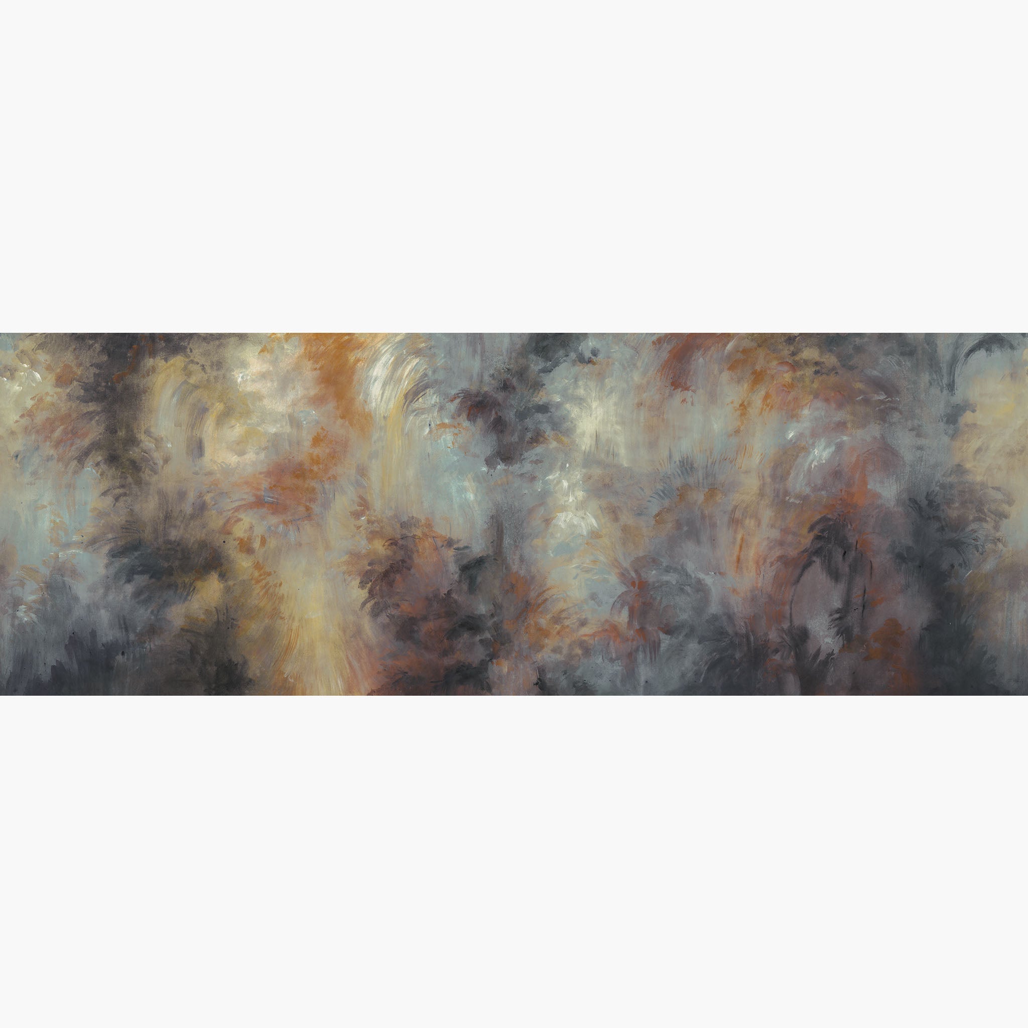 Artwork of a panoramic wallpaper mural featuring a smoky forest abstraction in charcoal, burnt sienna, and golden ash.