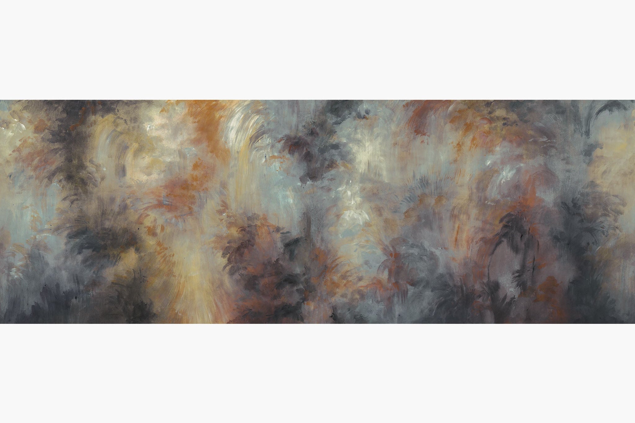 Artwork of a panoramic wallpaper mural featuring a smoky forest abstraction in charcoal, burnt sienna, and golden ash.