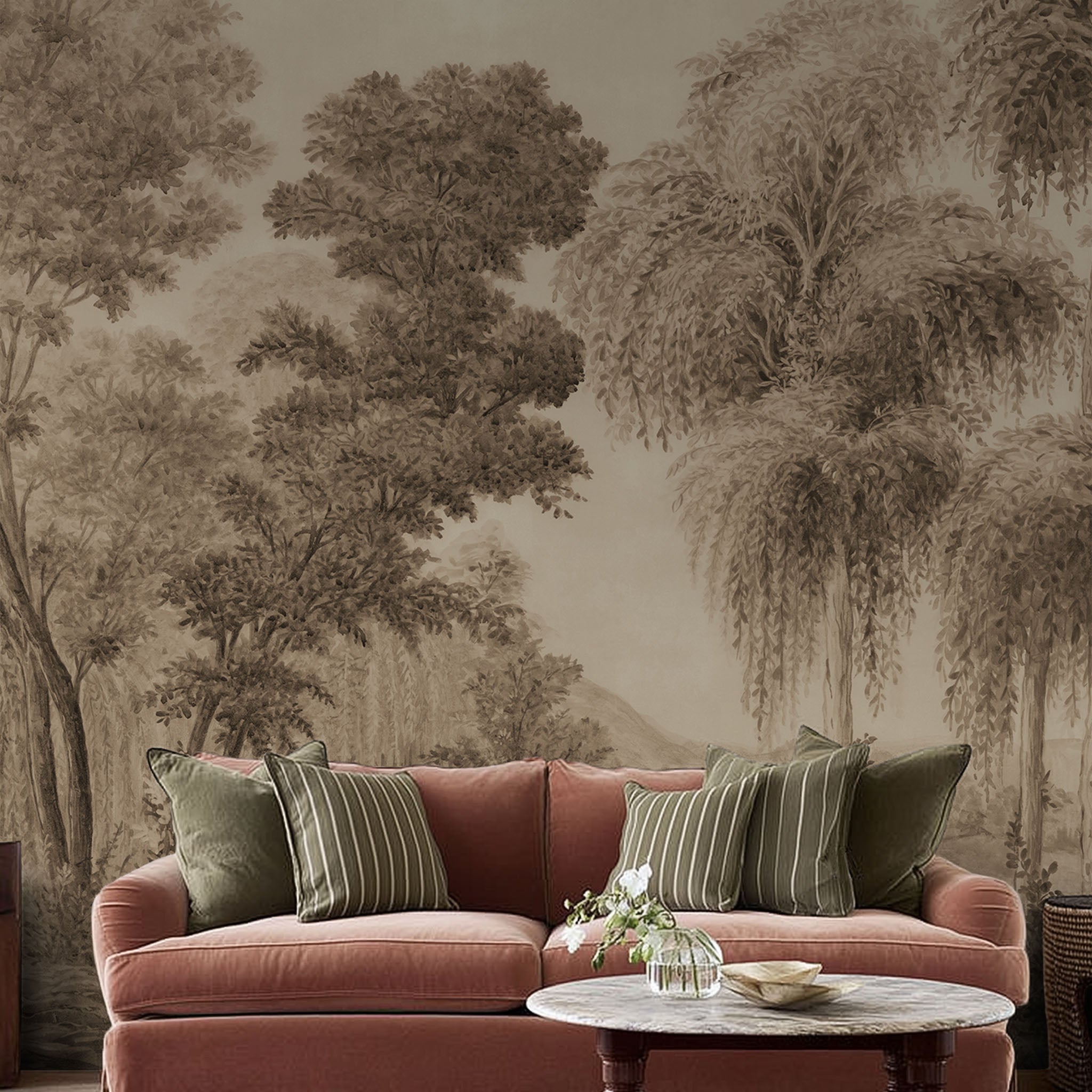 An interiorliving room featuring a panoramic matte wallpaper mural of sepia-toned woodland