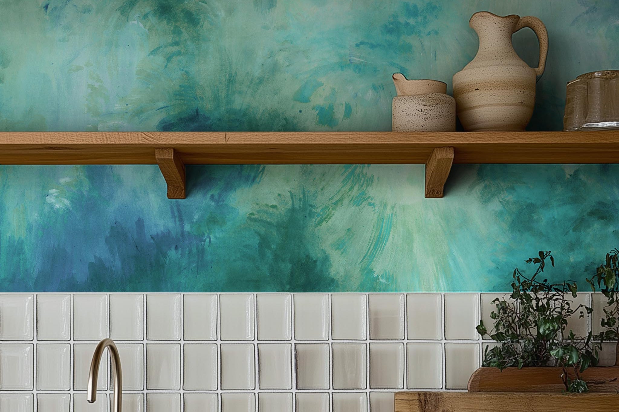 A cropped view of kitchen featuring a panoramic vinyl wallpaper mural of an abstract wash in aqua and jade.