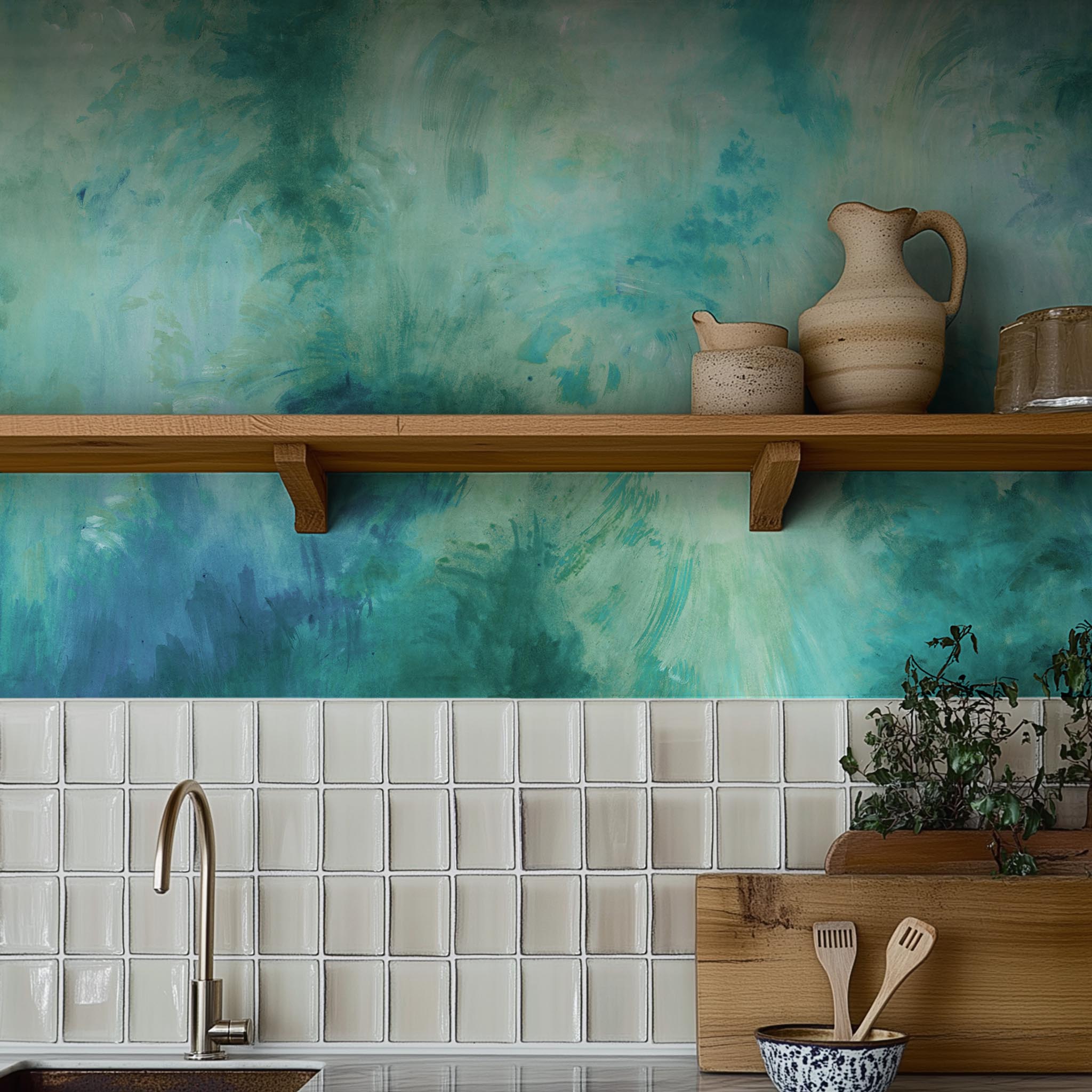 A cropped view of kitchen featuring a panoramic vinyl wallpaper mural of an abstract wash in aqua and jade.