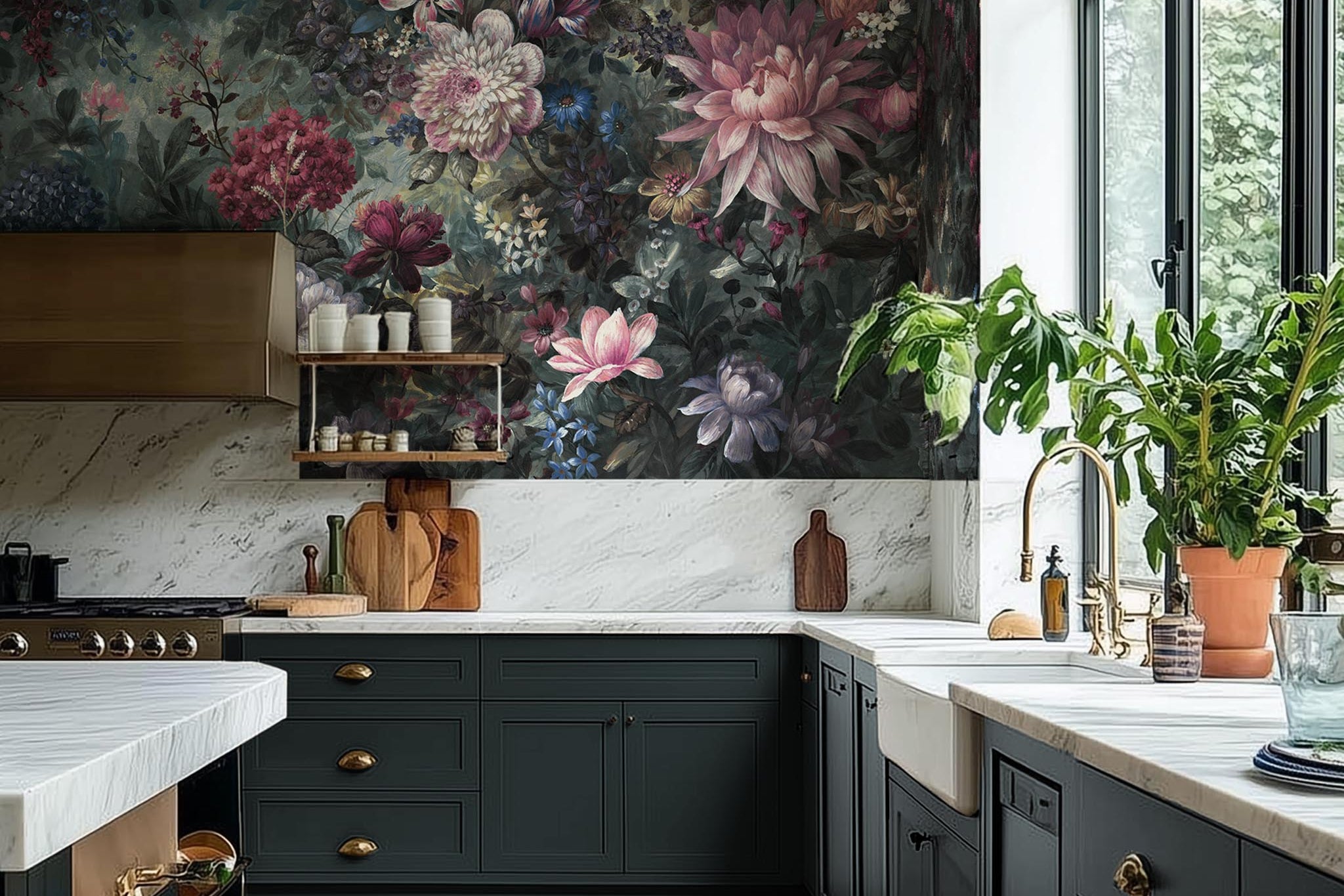 A cropped view of kitchen featuring a panoramic vinyl wallpaper mural of a floral bloom in crimson and blue.