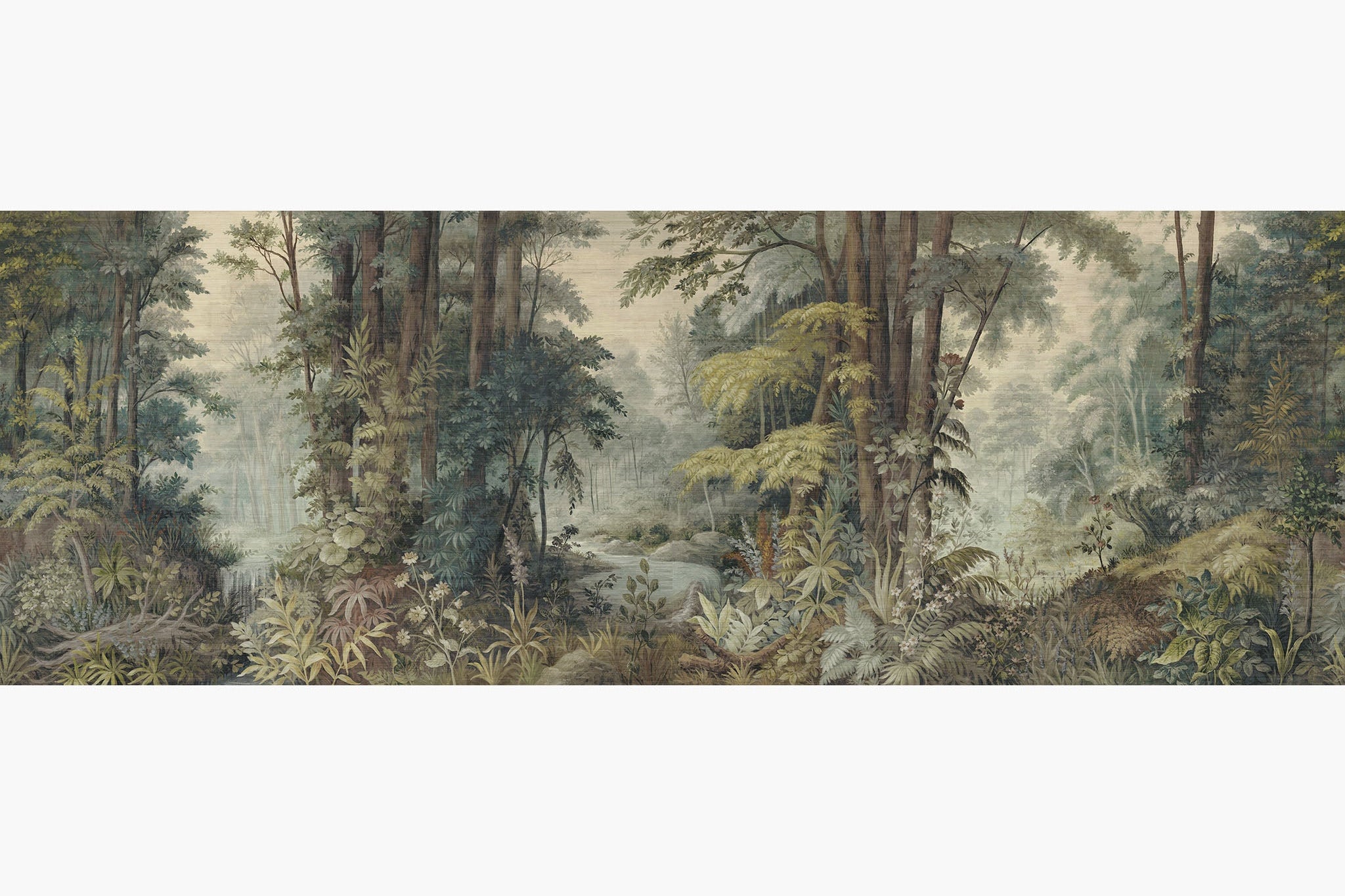 Artwork of a panoramic wallpaper mural featuring a misty woodland scene in soft sage, muted ochre, and warm umber.
