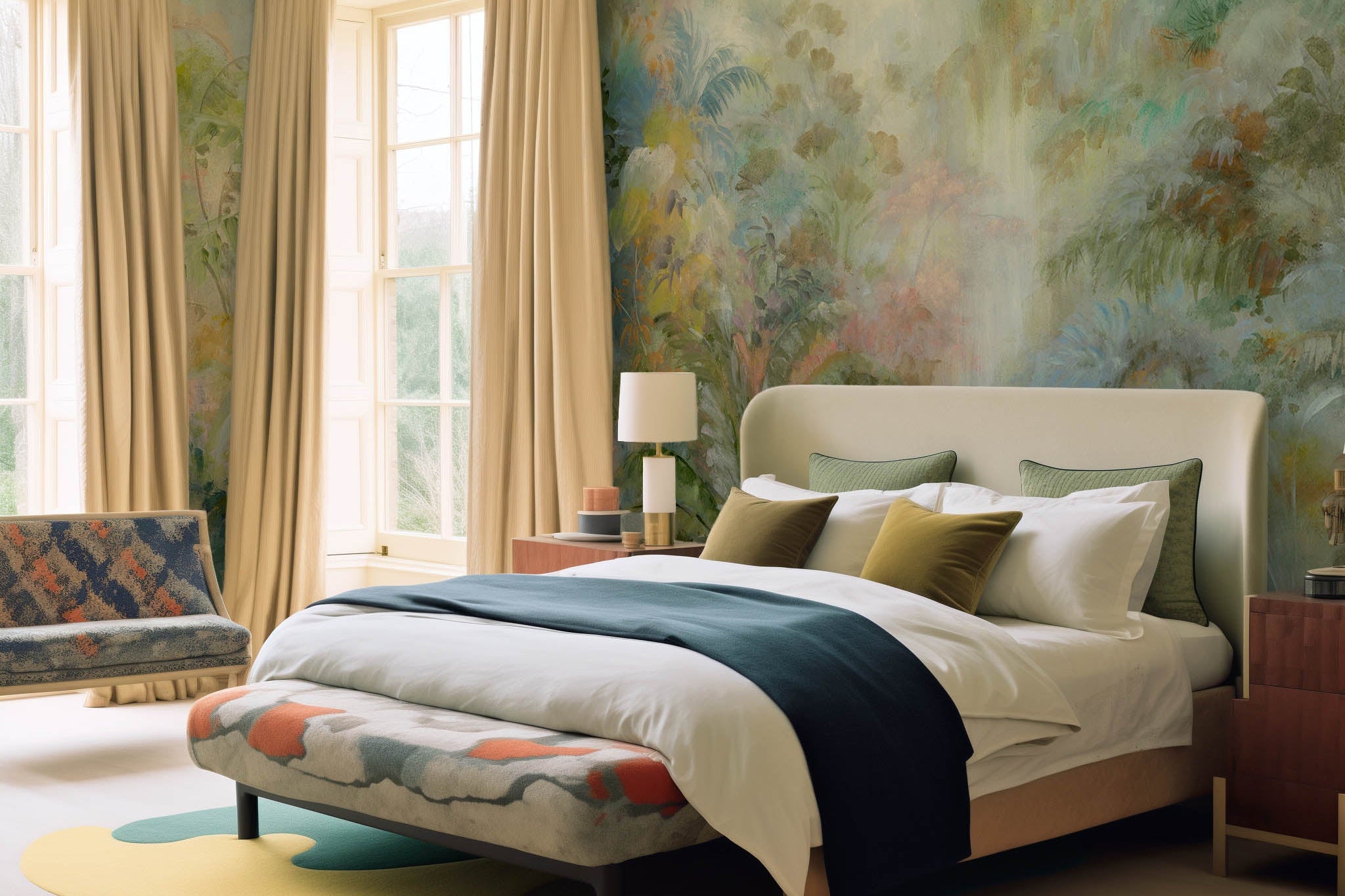 An interior bedroom featuring a panoramic matte wallpaper mural of a rainforest in green, coral, and gold.