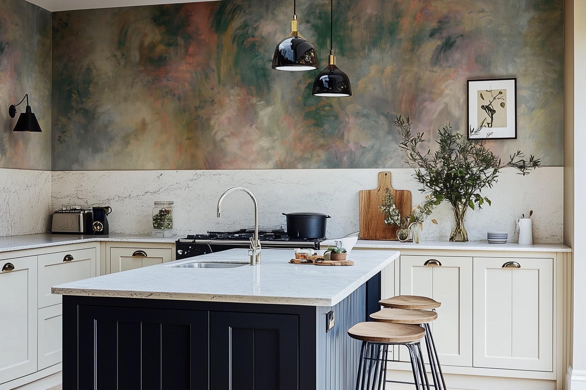 A cropped view of kitchen featuring a panoramic vinyl wallpaper mural of an abstract haze in green and blush.