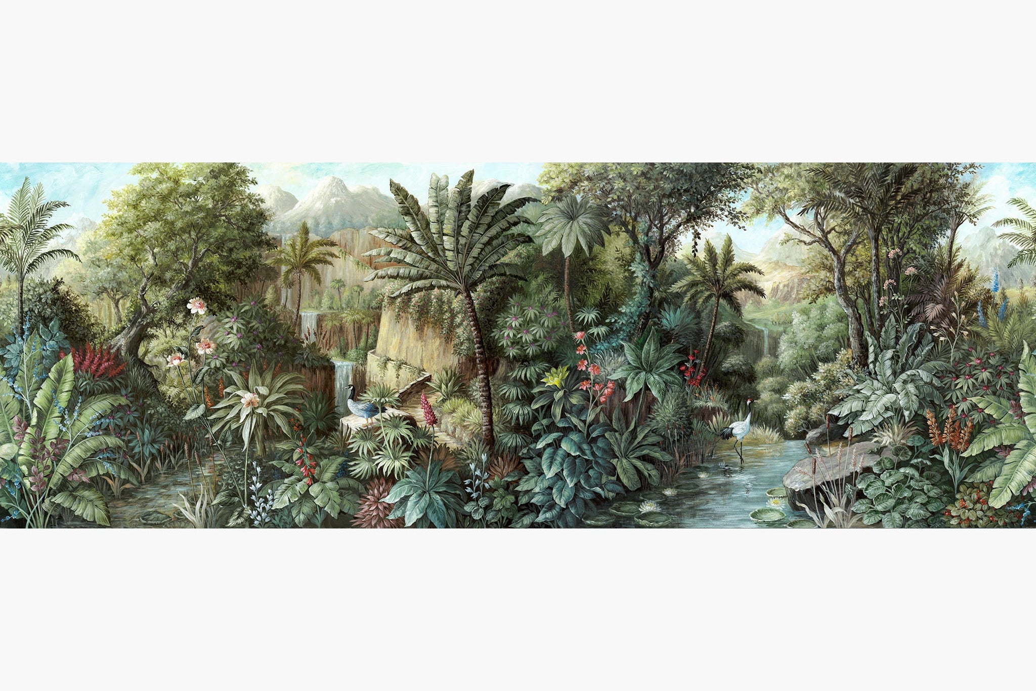Artwork of a panoramic wallpaper mural featuring a lush tropical landscape in vibrant greens, soft pinks, and sky blues.
