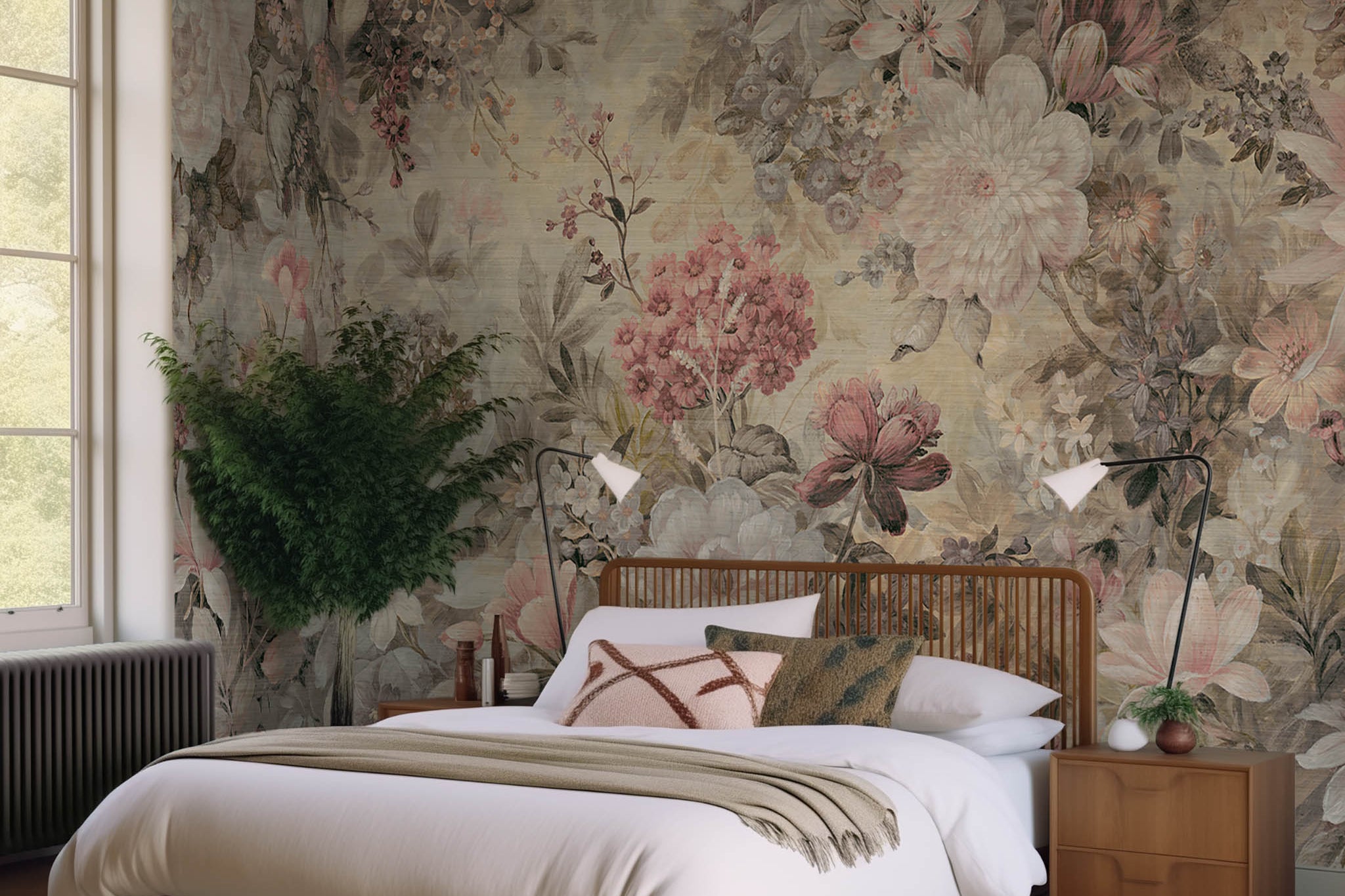 An interior bedroom featuring a panoramic grasscloth wallpaper mural of a floral composition in soft neutrals.