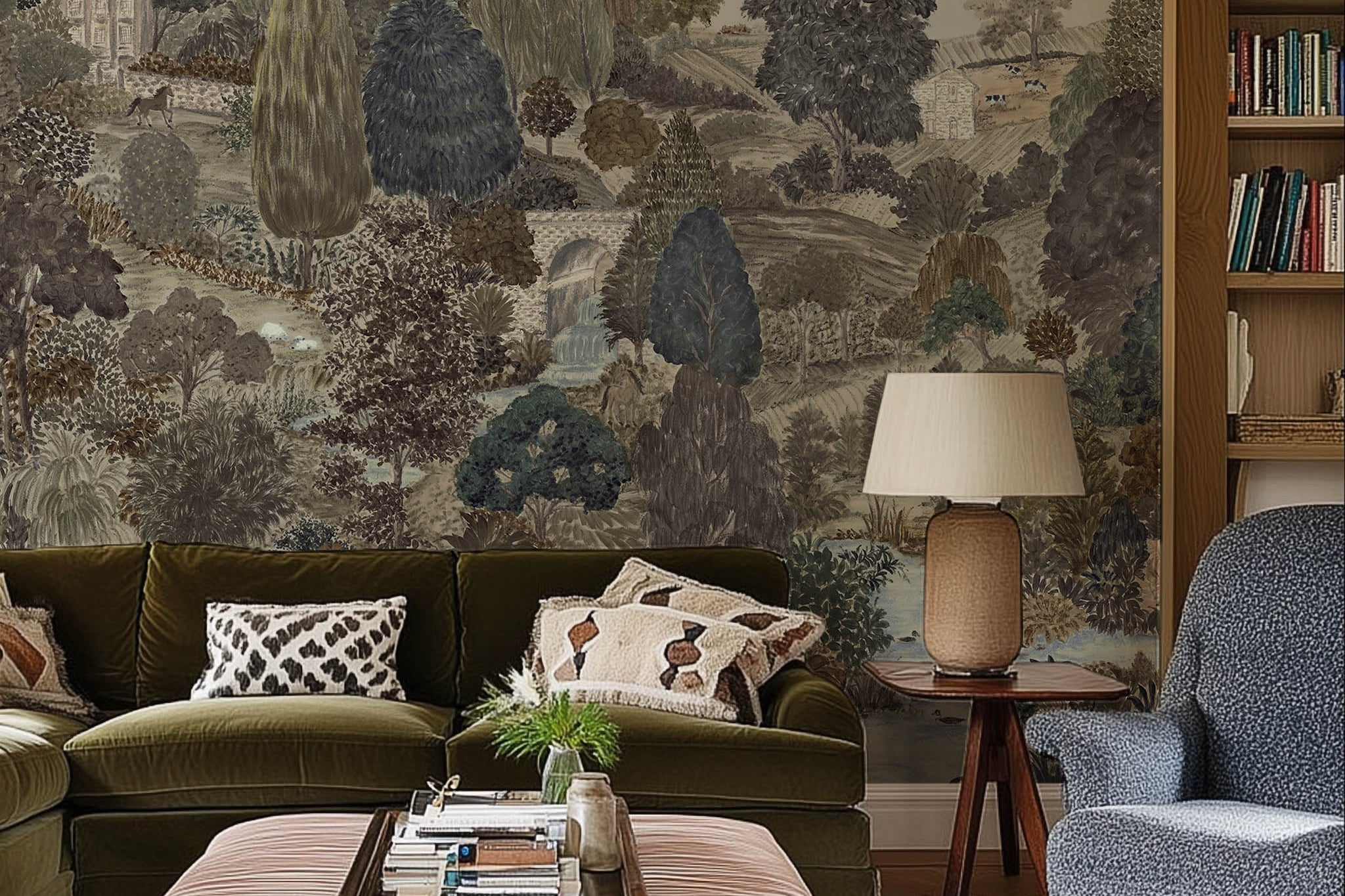 An interior living room featuring a panoramic matte wallpaper mural of deep olive, slate, and ash countryside scene