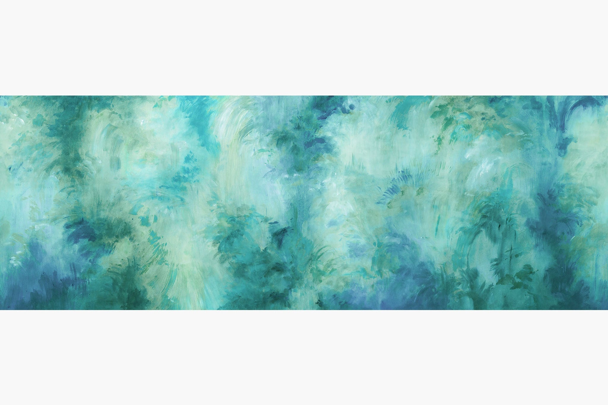 Artwork of a panoramic wallpaper mural featuring an atmospheric forest wash in aqua, jade, and deep sea green.
