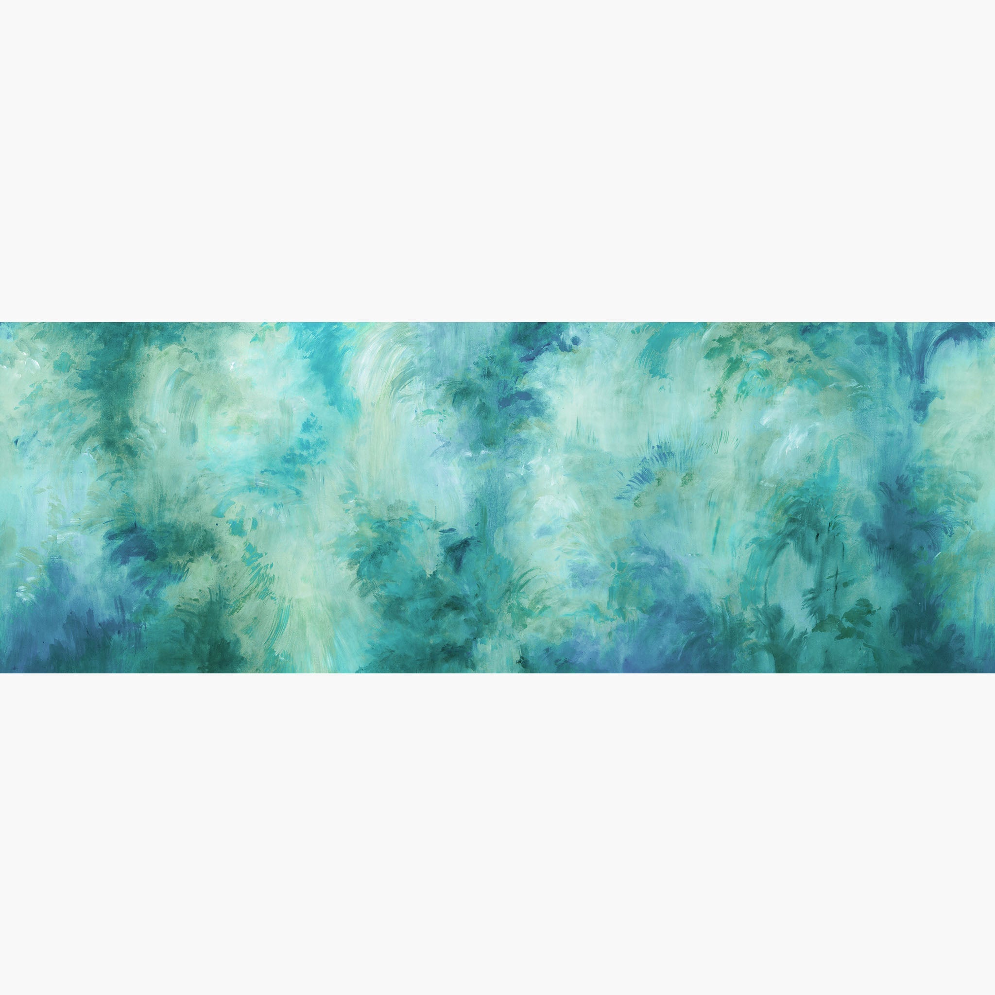 Artwork of a panoramic wallpaper mural featuring an atmospheric forest wash in aqua, jade, and deep sea green.
