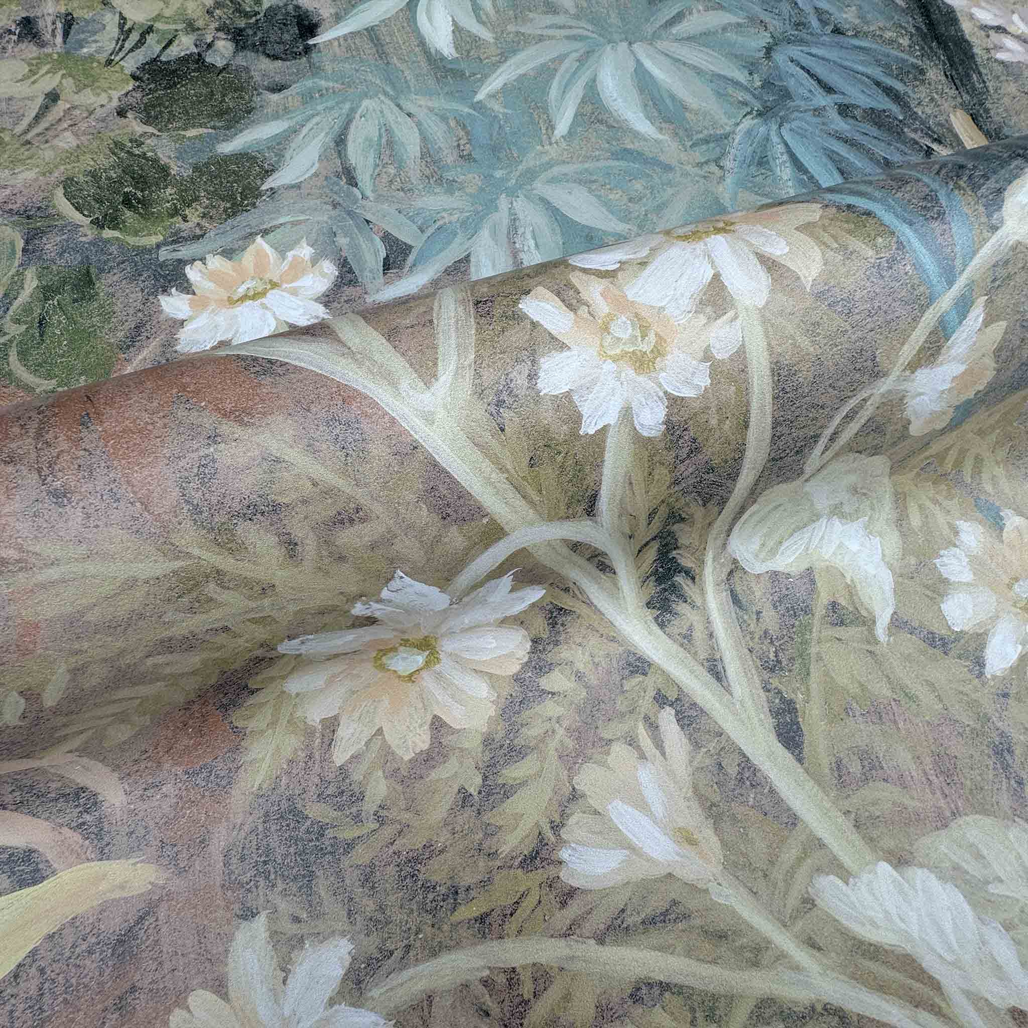 Close-up of a soft floral mural featuring white flowers and lush foliage, printed on durable Premier Vinyl.
