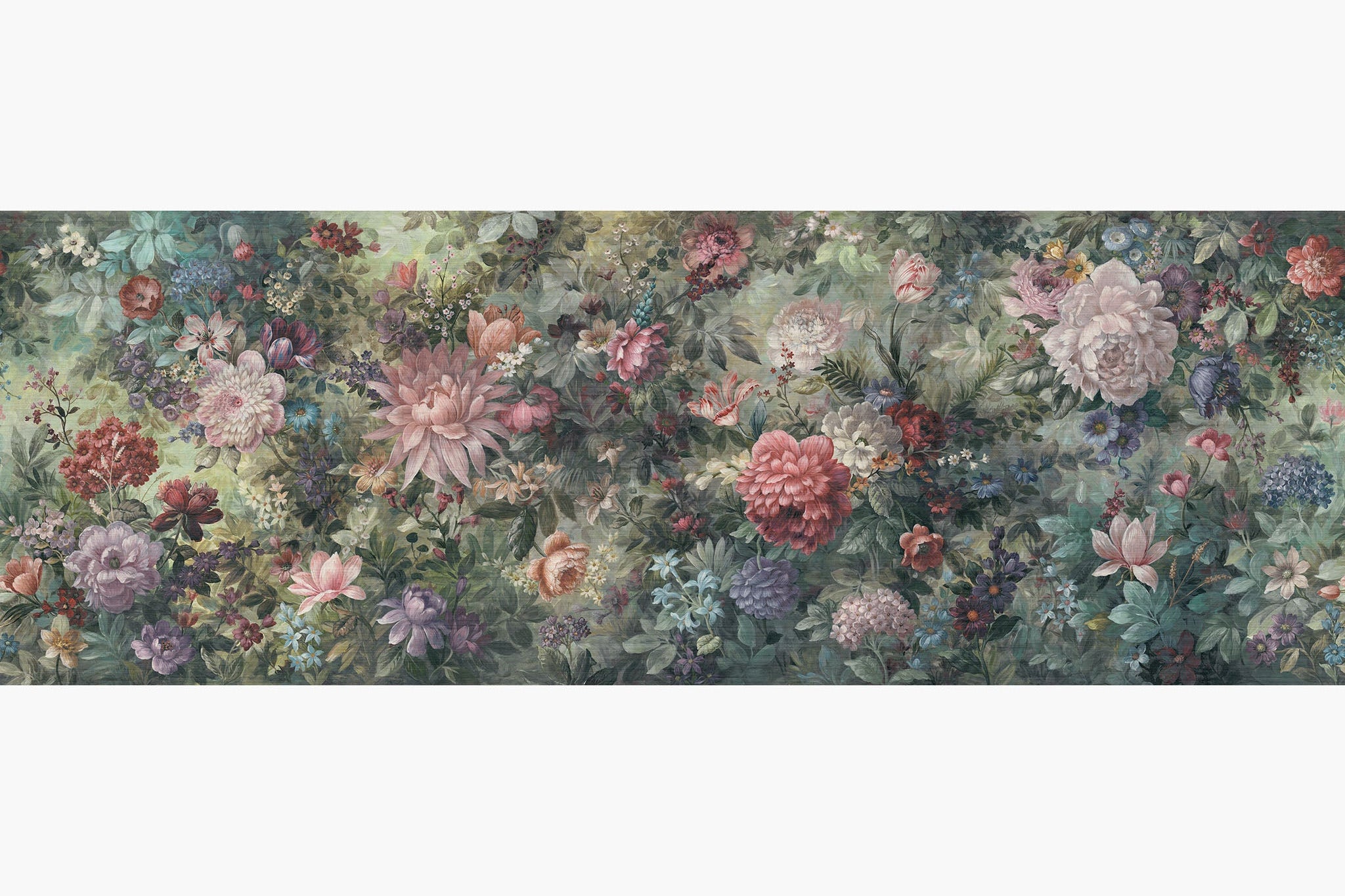 Artwork of a panoramic wallpaper mural featuring a lush floral tapestry in fresh green, coral pink, and soft lilac.