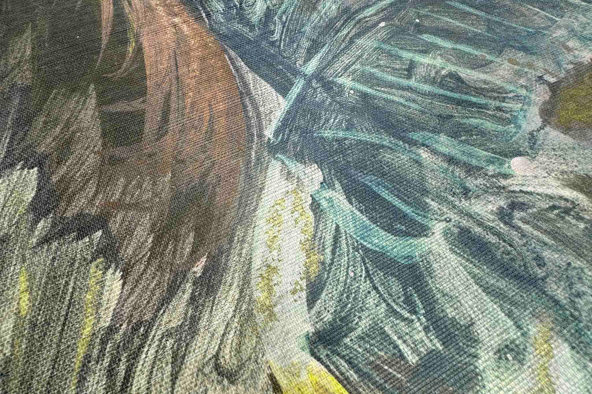 Close-up of a vibrant tropical landscape wallpaper mural on grasscloth, featuring rich greens, teals, and copper tones.