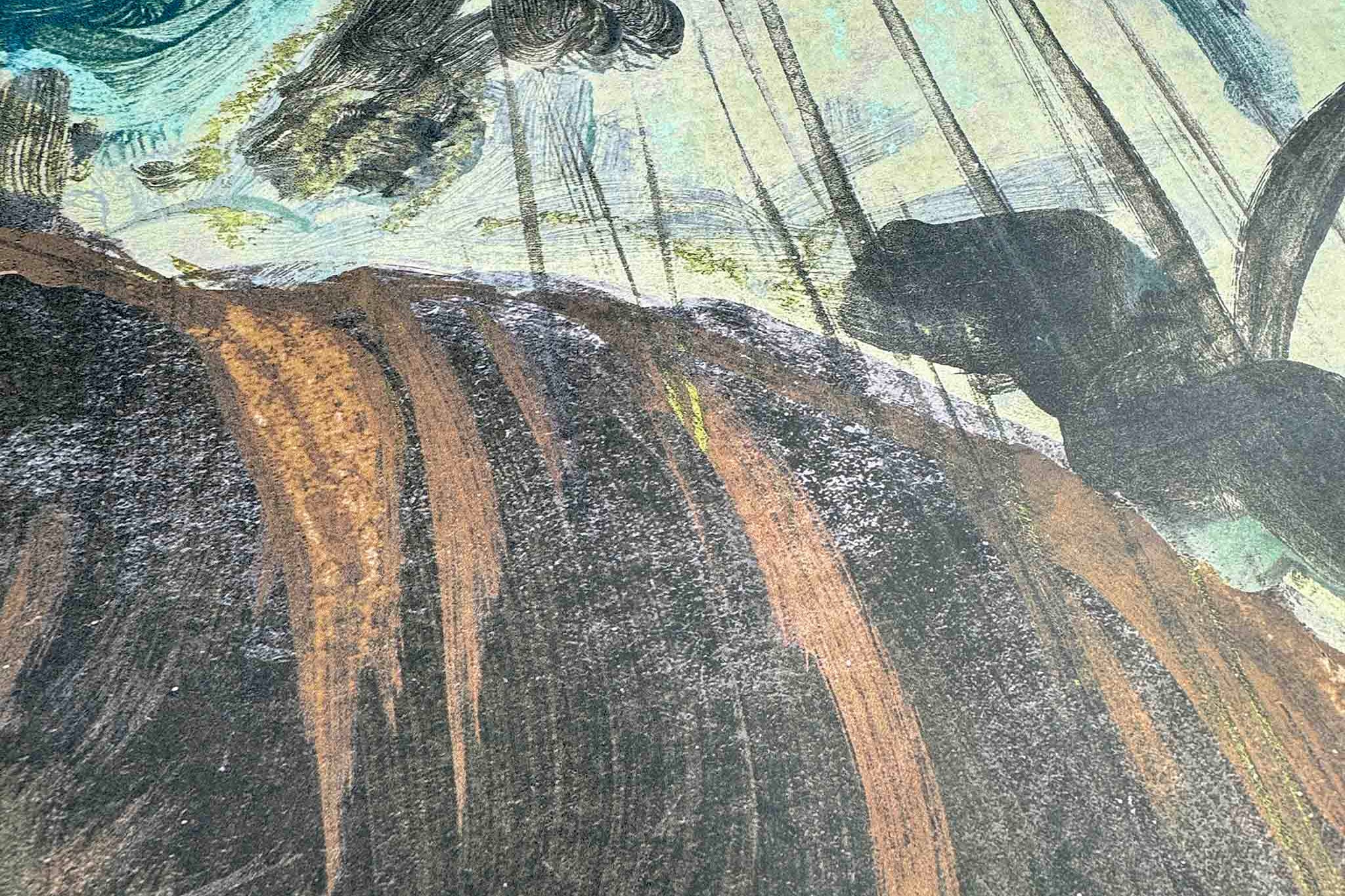 Close-up of a printed wallpaper mural featuring abstract tropical elements in rich copper, green, and brown tones.