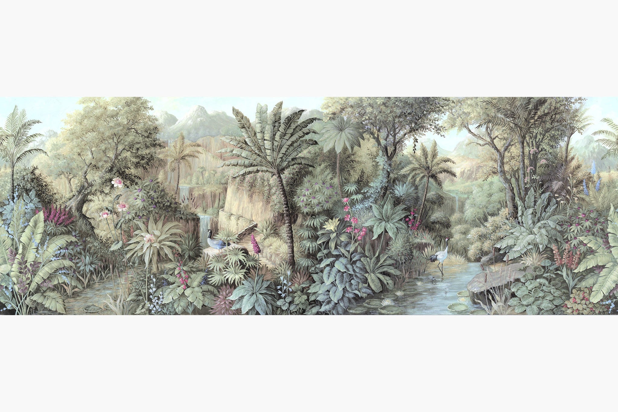 Artwork of a panoramic wallpaper mural featuring a verdant tropical paradise with cool greens, blush tones, and soft sunlight.