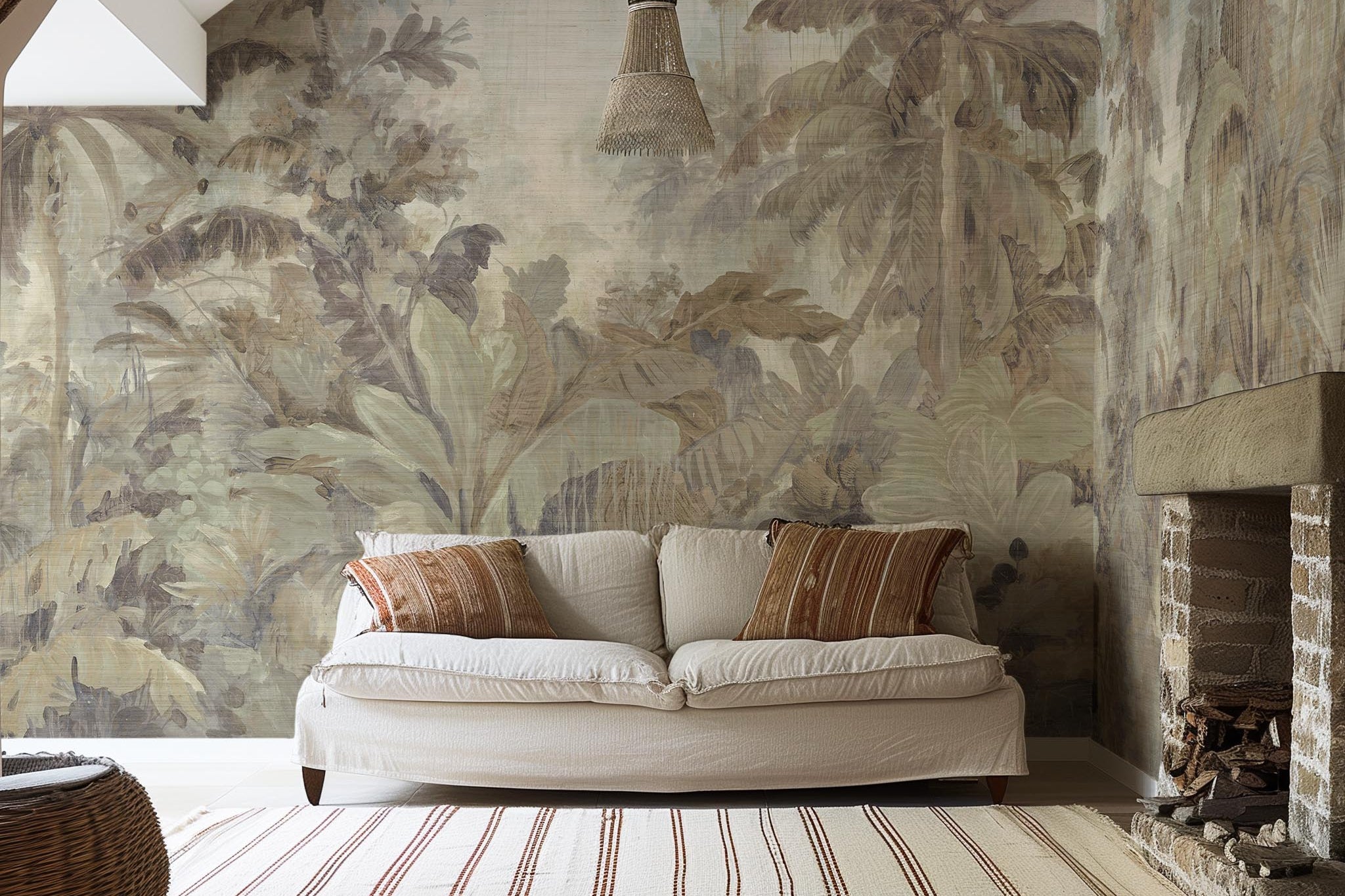 An interior living room featuring a panoramic grasscloth wallpaper mural of a jungle scene in sepia and blue.
