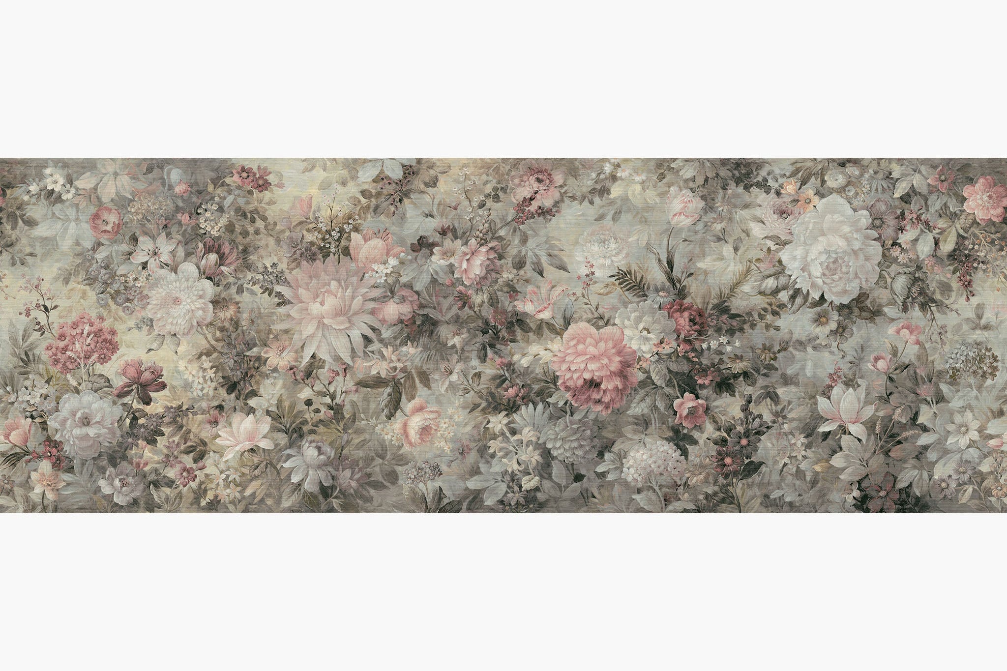 Artwork of a panoramic wallpaper mural featuring a romantic floral composition in dusty rose, soft cream, and muted taupe.
