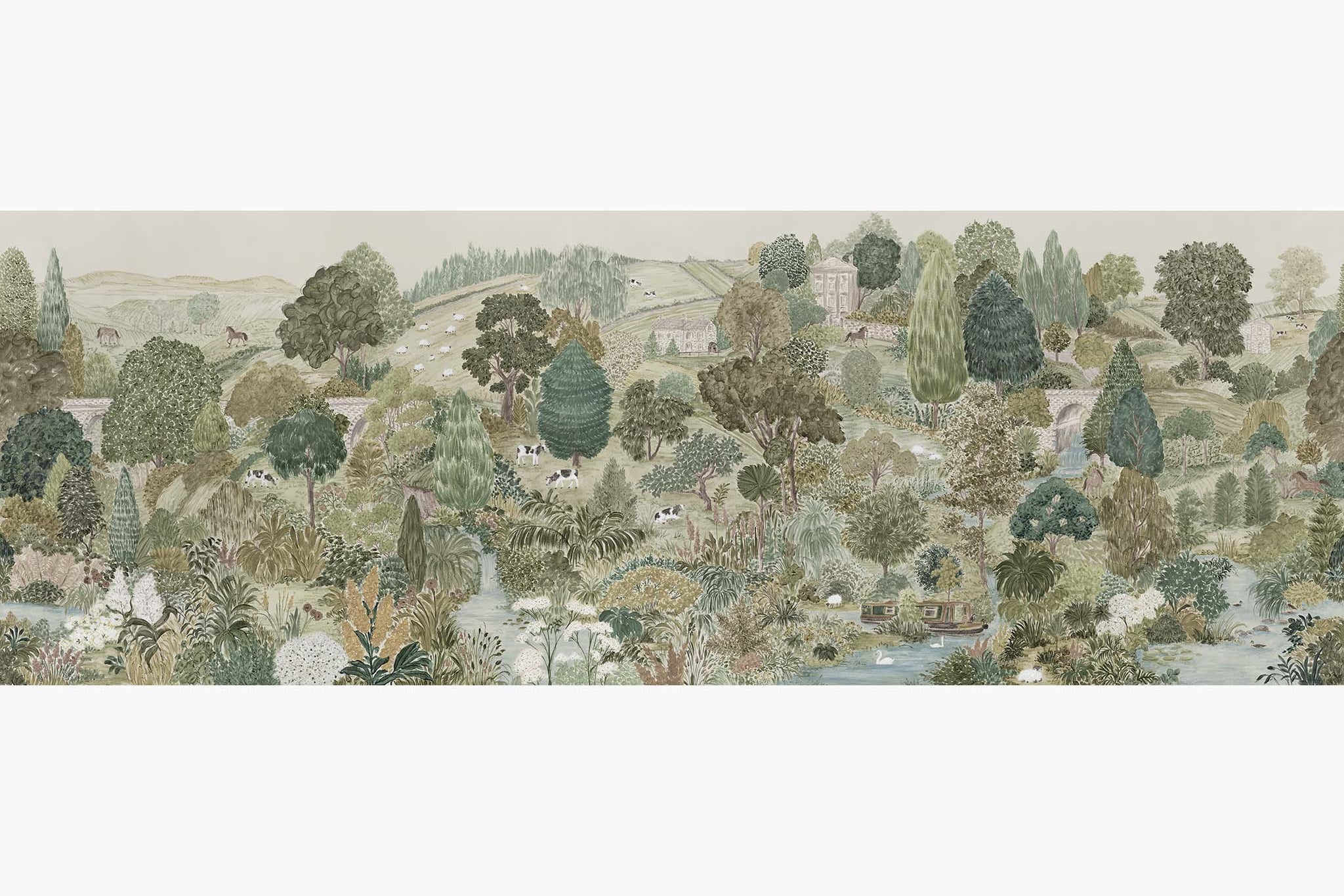 Artwork of a panoramic wallpaper mural featuring a serene Yorkshire countryside with cattle, boats, and soft green trees