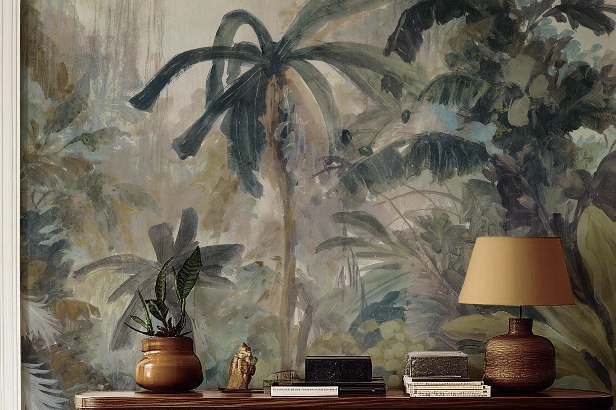 A cropped view of hallway featuring a panoramic matte wallpaper mural of a tropical scene in sage and parchment.