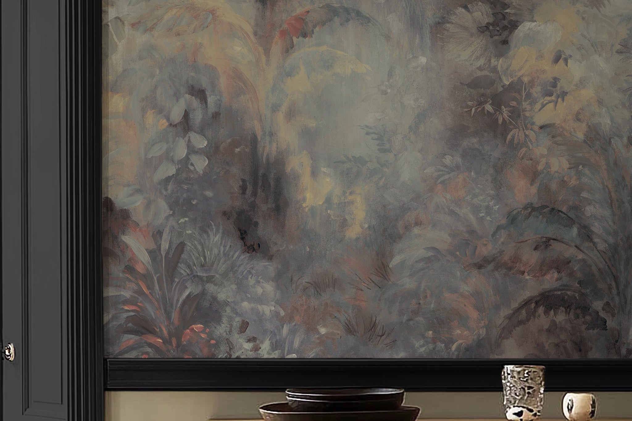 A cropped view of hallway featuring a panoramic matte wallpaper mural of a rainforest in lavender and rust.