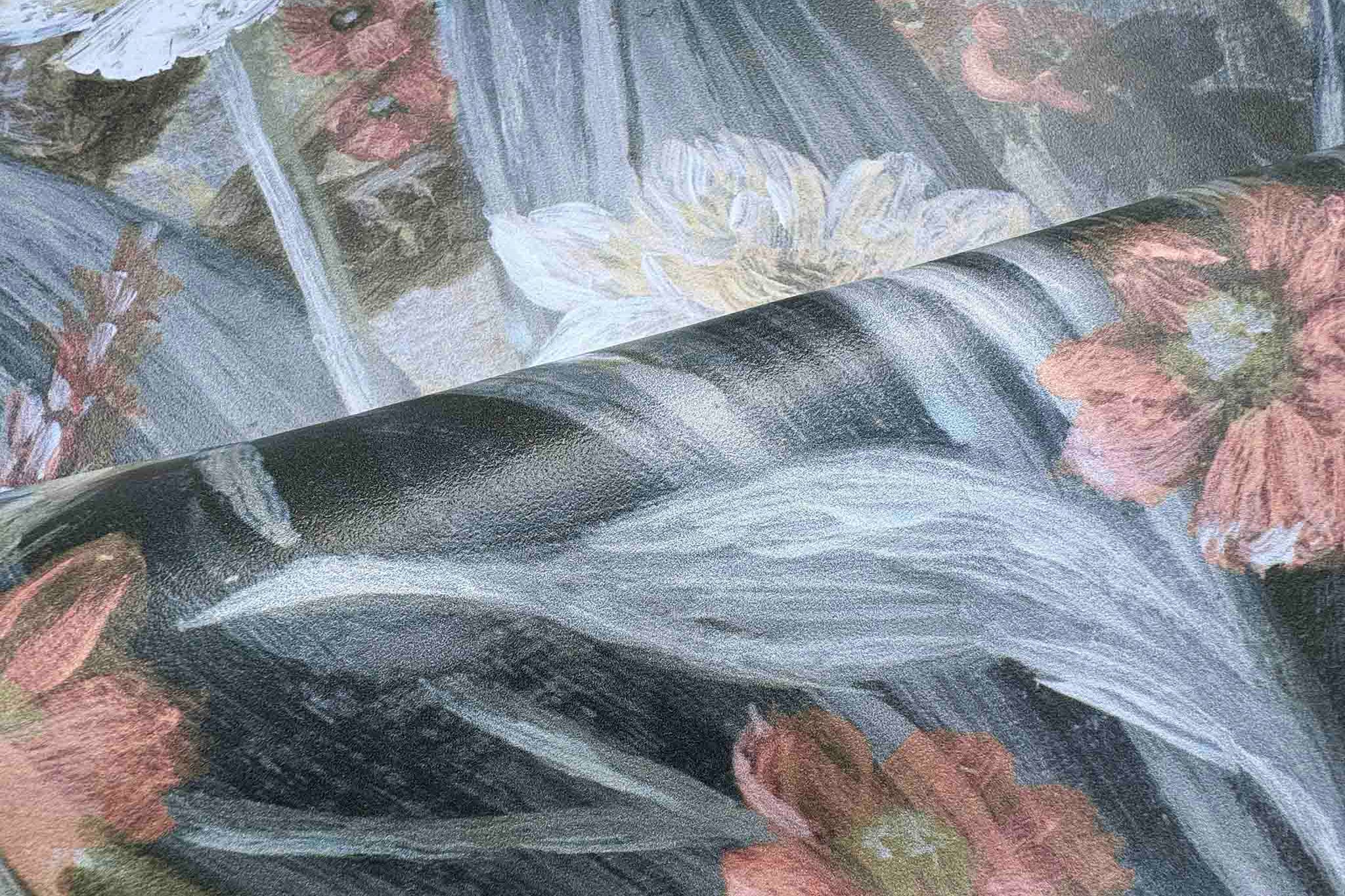 Close-up of a bespoke floral wallpaper mural, featuring soft grey, warm peach, and muted blue tones on durable vinyl.