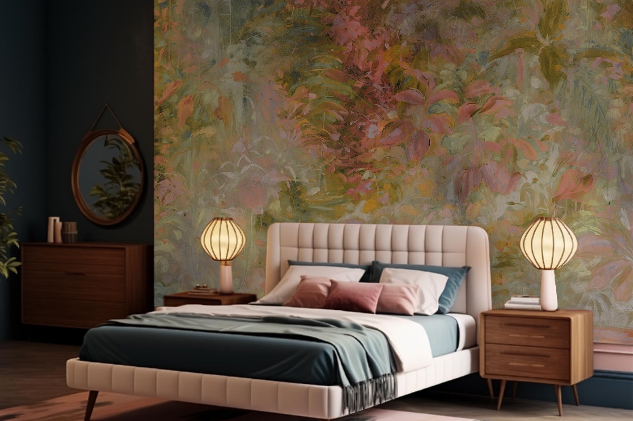 An interior bedroom featuring a panoramic matte wallpaper mural of a abstract layering of ochre and teal.