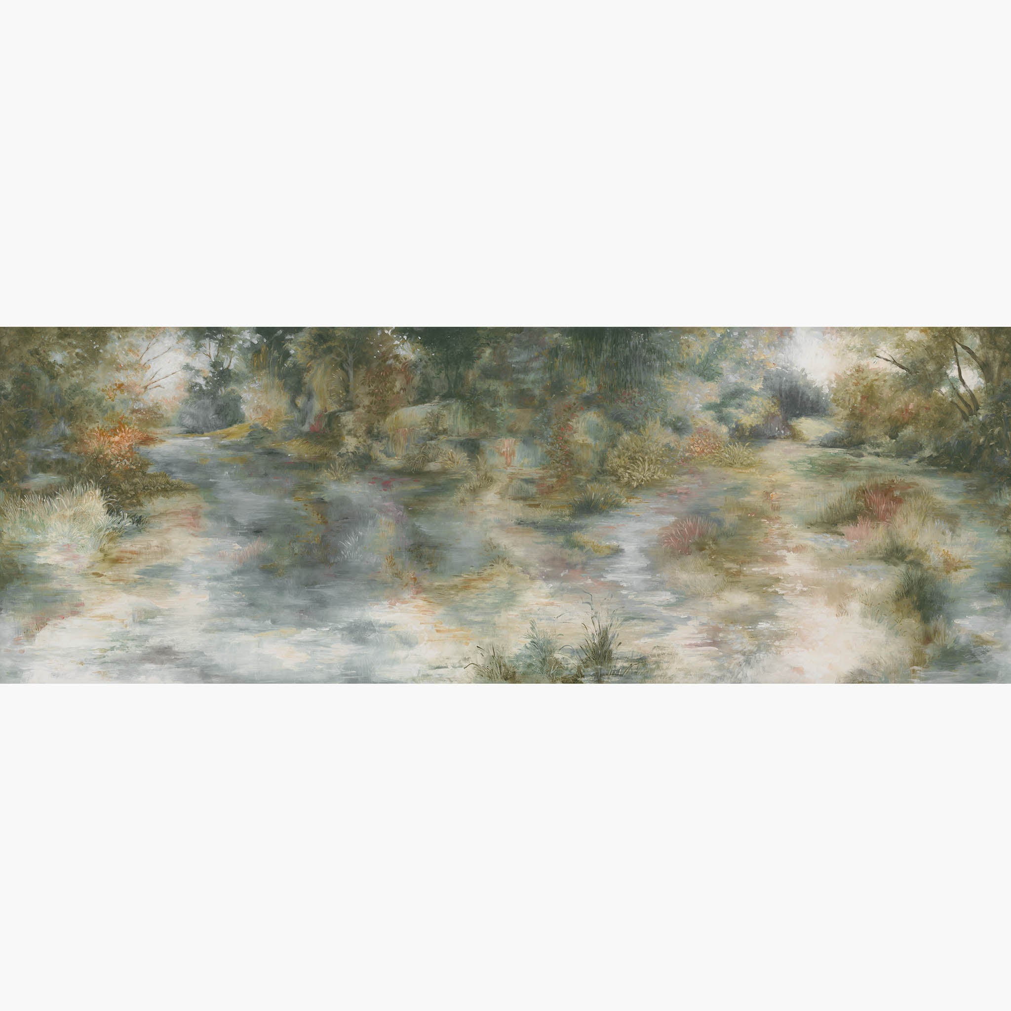 Artwork of a panoramic wallpaper mural featuring panoramic green mural with soft shadows for tranquil interiors