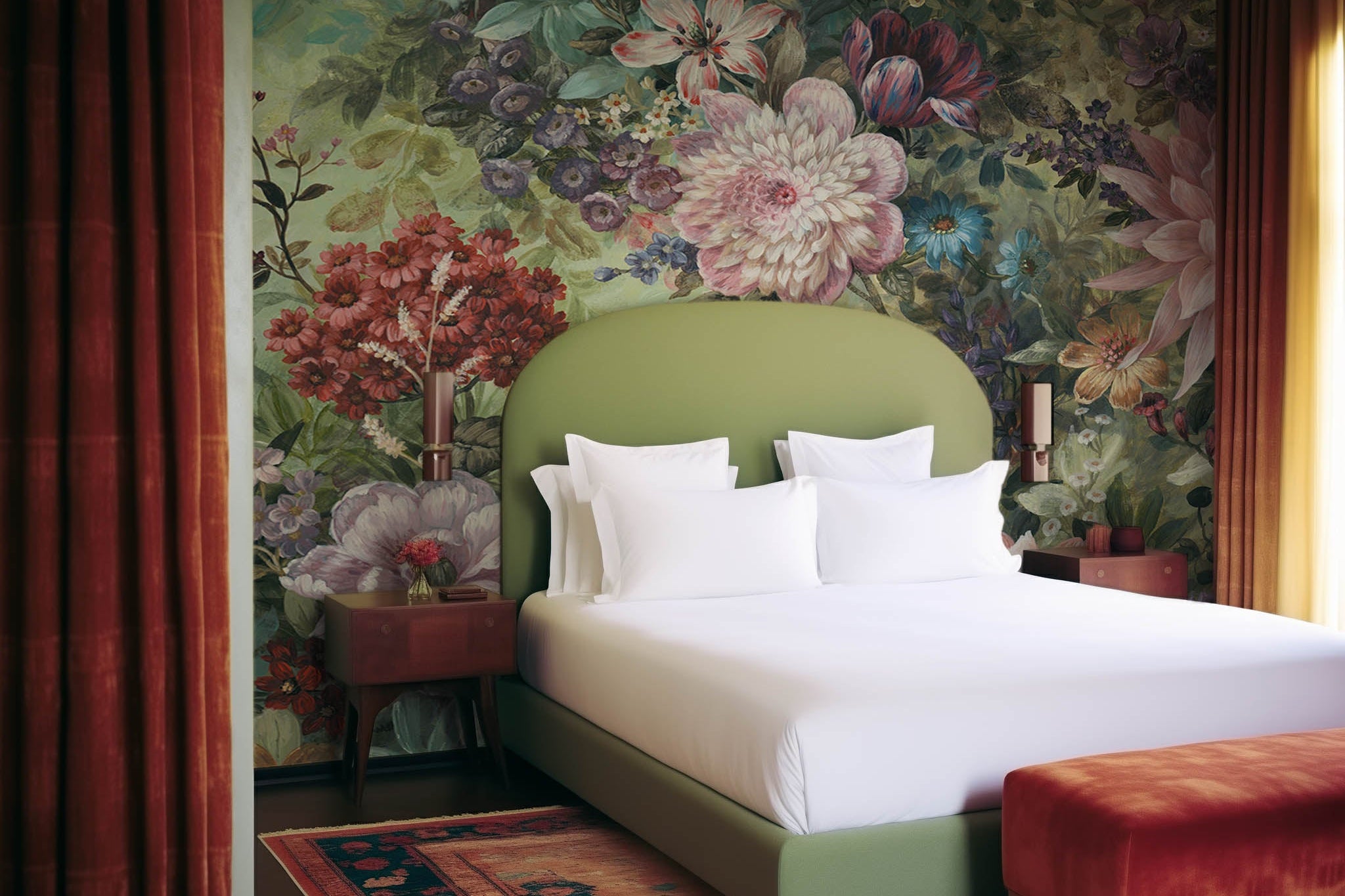 An interior bedroom featuring a panoramic matte wallpaper mural of a floral tapestry in rich jewel tones.