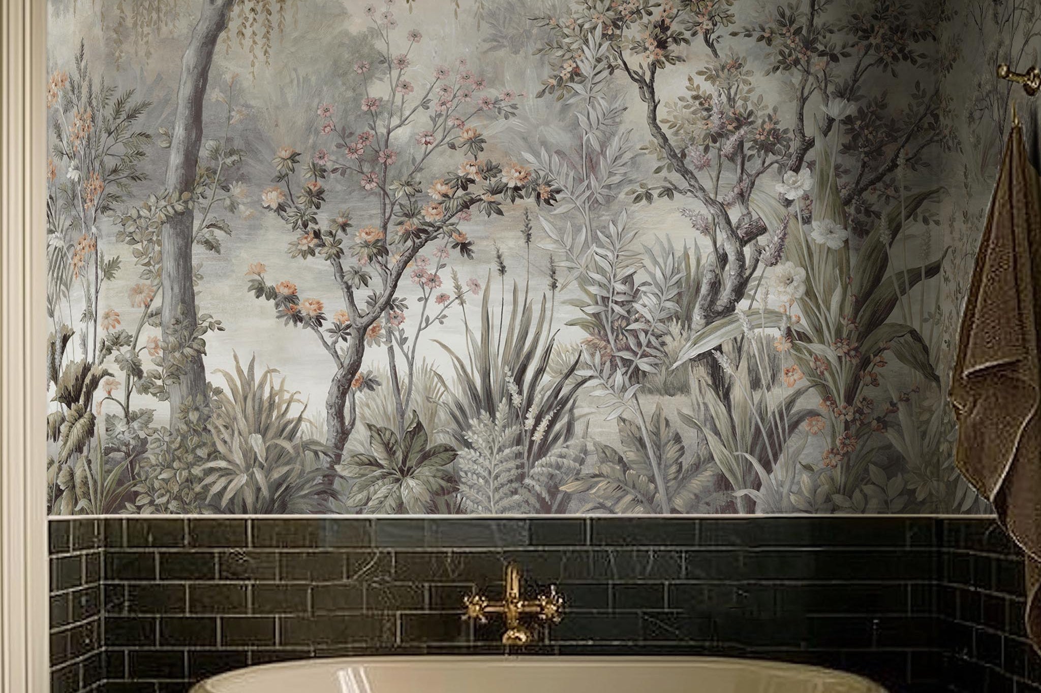 A cropped view of bathroom featuring a panoramic vinyl wallpaper mural of a lakeside scene in grey and peach.