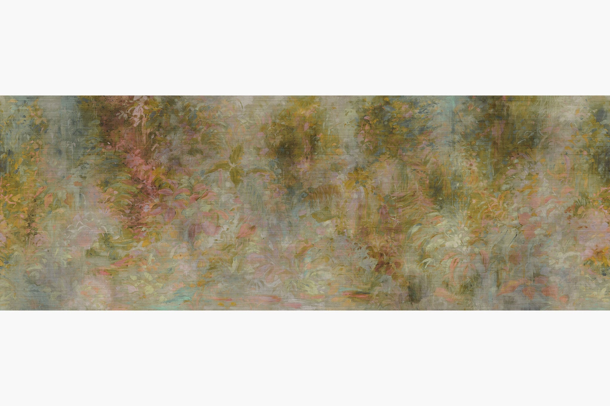 Artwork of a panoramic wallpaper mural featuring an abstract botanical layered in warm ochre, blush pink, and soft teal.