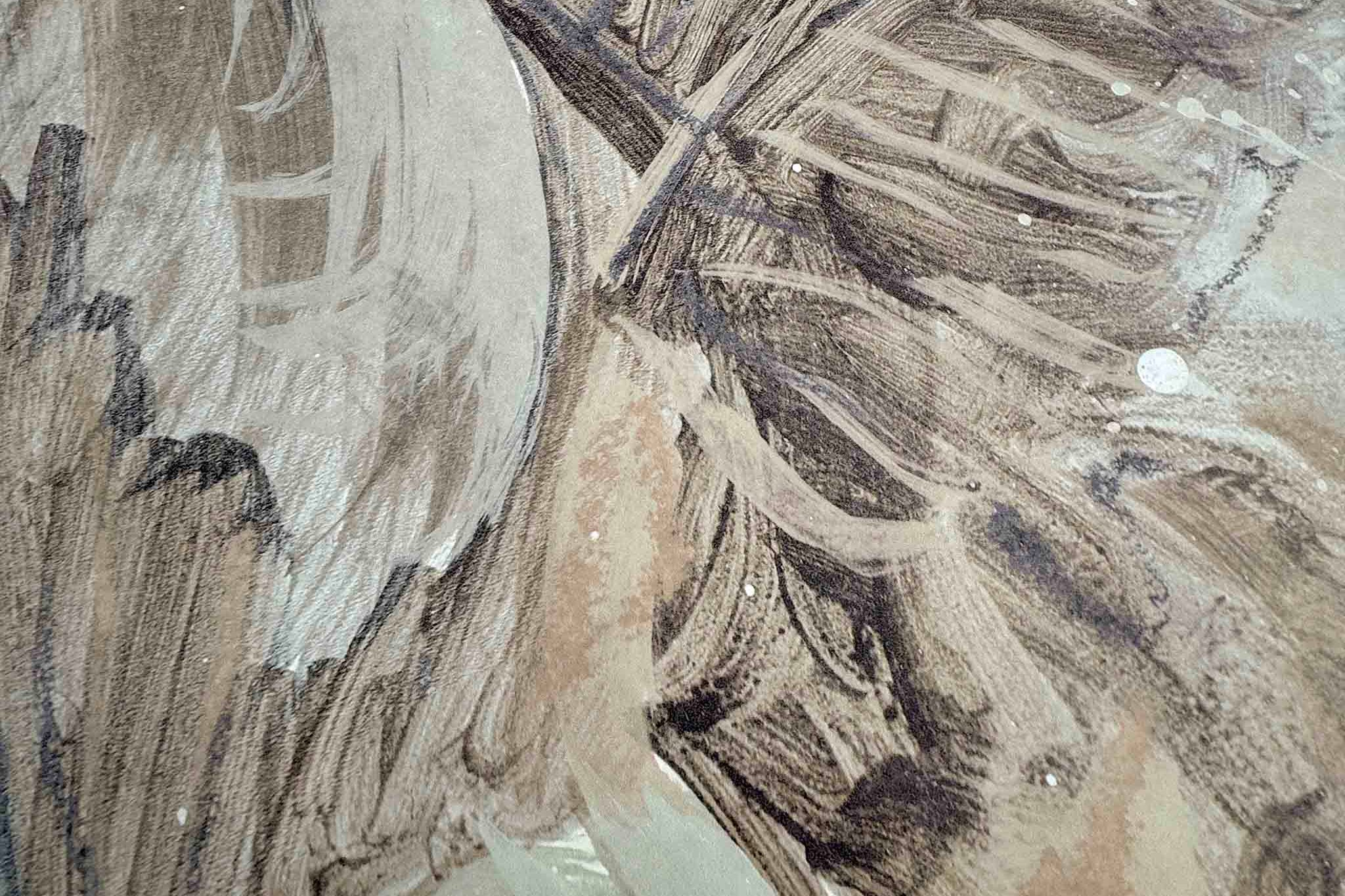 Close-up detail of a wallpaper mural featuring earthy tones and abstract brush strokes, on a matte, non-woven substrate.