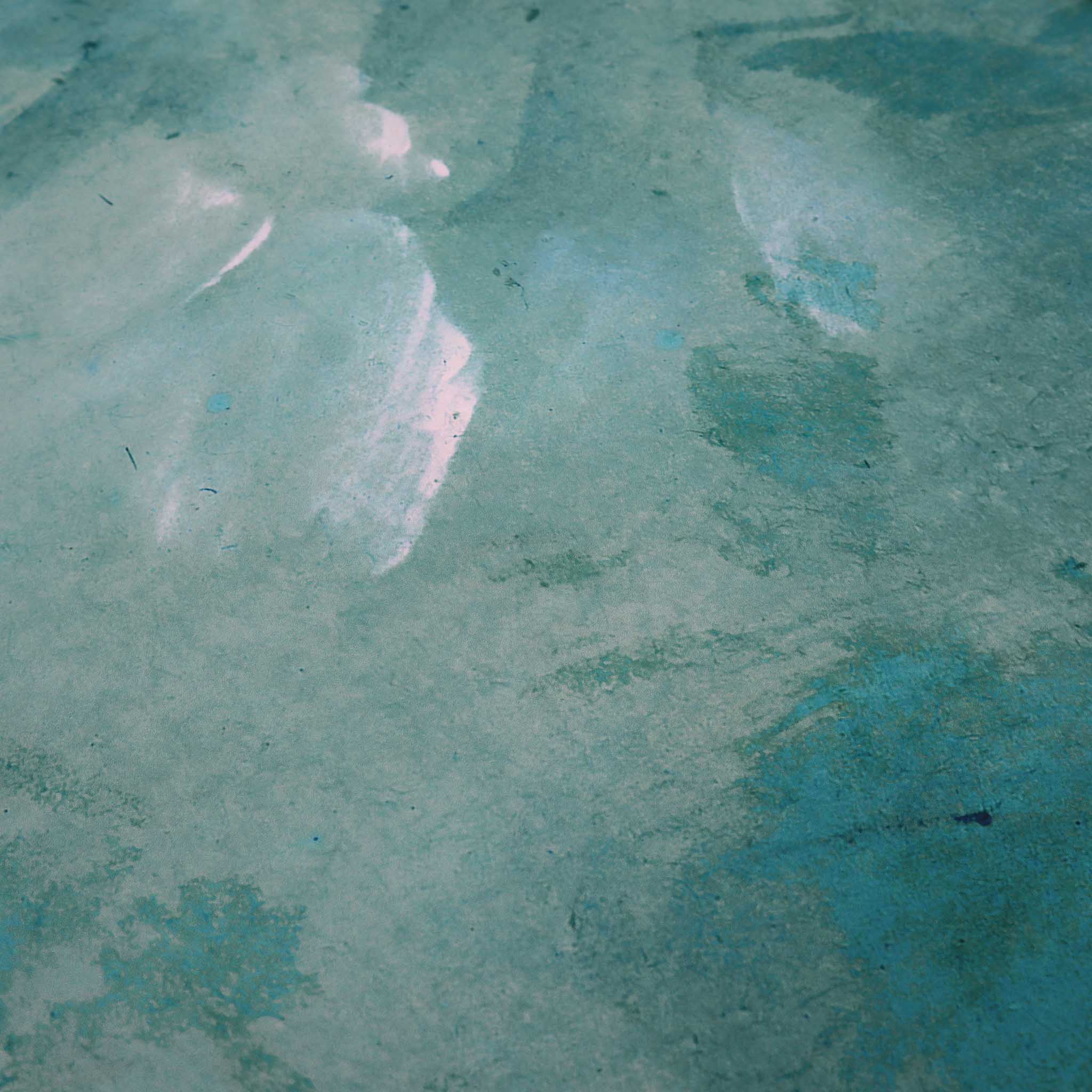 Close-up of hand-painted abstract wallpaper mural with lush aqua, teal, and turquoise tones on matte uncoated substrate.