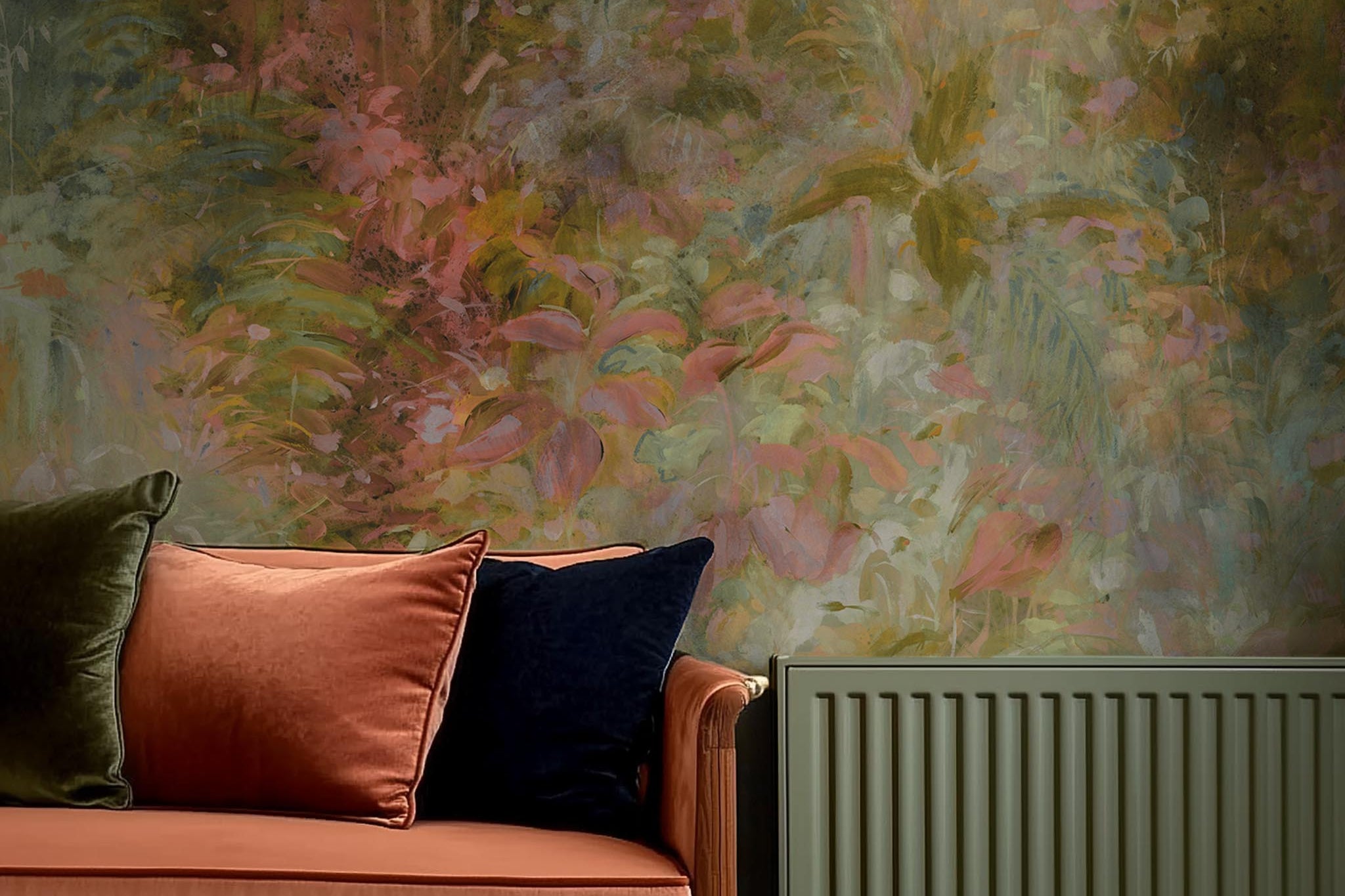 A cropped view of bedroom featuring a panoramic matte wallpaper mural of a abstract layering of ochre and teal.