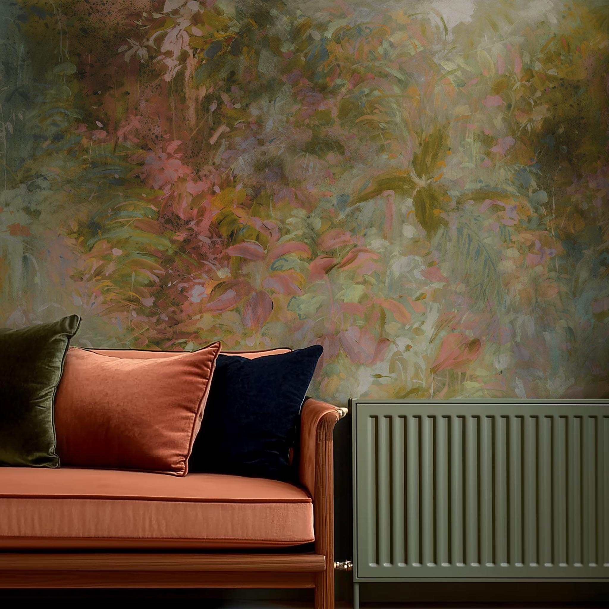 A cropped view of bedroom featuring a panoramic matte wallpaper mural of a abstract layering of ochre and teal.