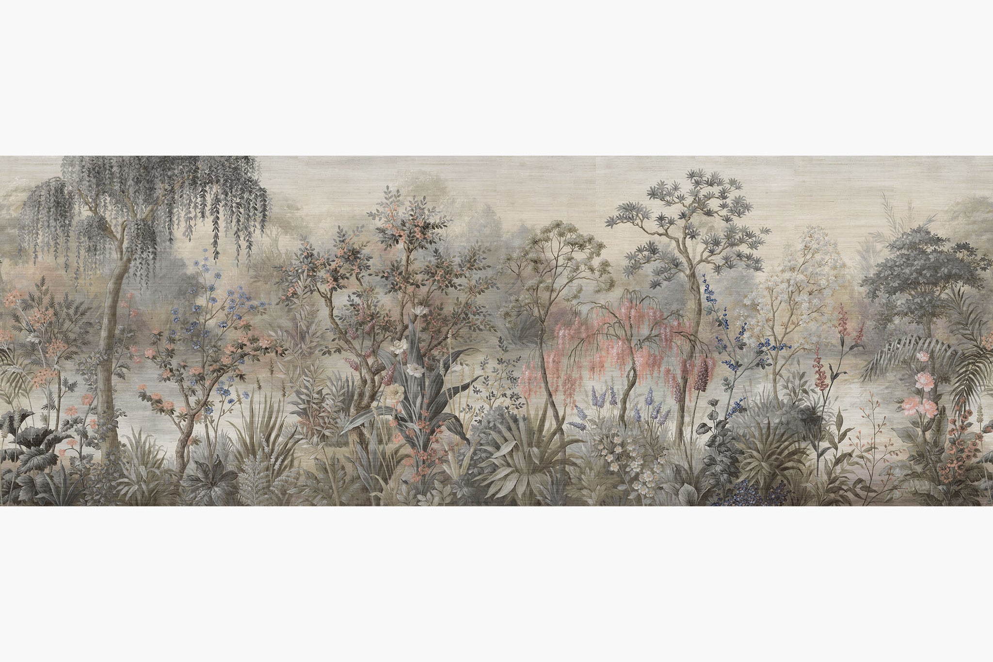Artwork of a panoramic wallpaper mural featuring a serene botanical scene with dusky blues, coral pinks, and soft greys.