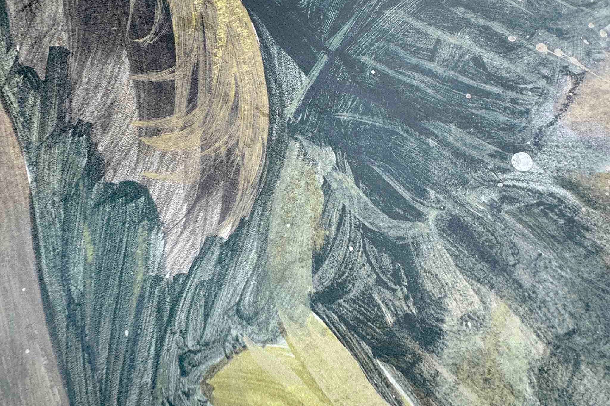 Close-up of a wallpaper mural featuring abstract, hand-painted foliage in deep greens, soft browns, and misty beiges.