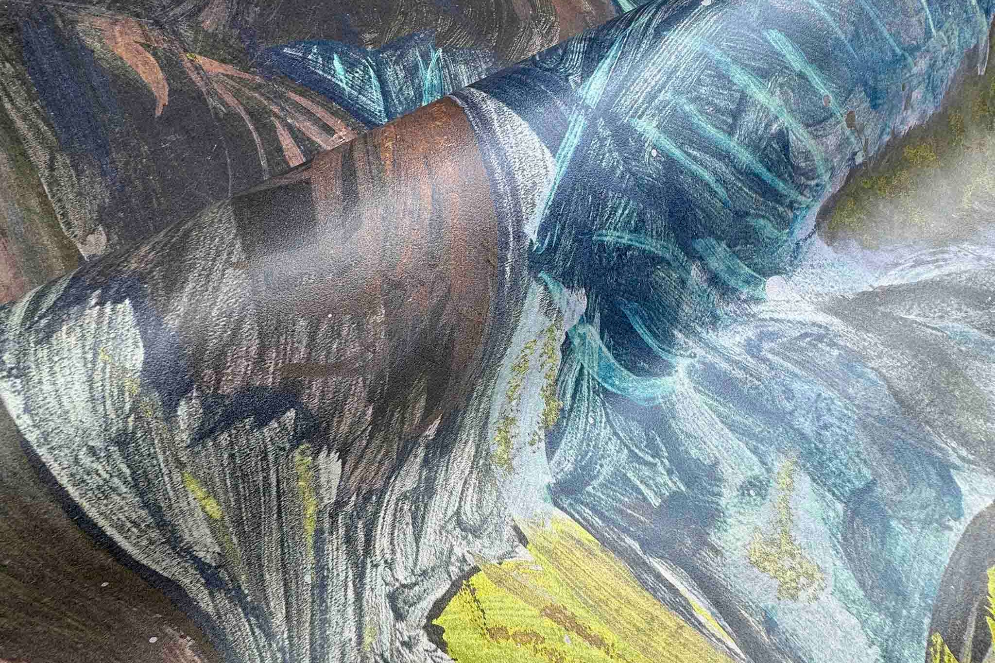 Close-up view of a panoramic wallpaper mural featuring rich copper and deep green abstract textures printed on vinyl.